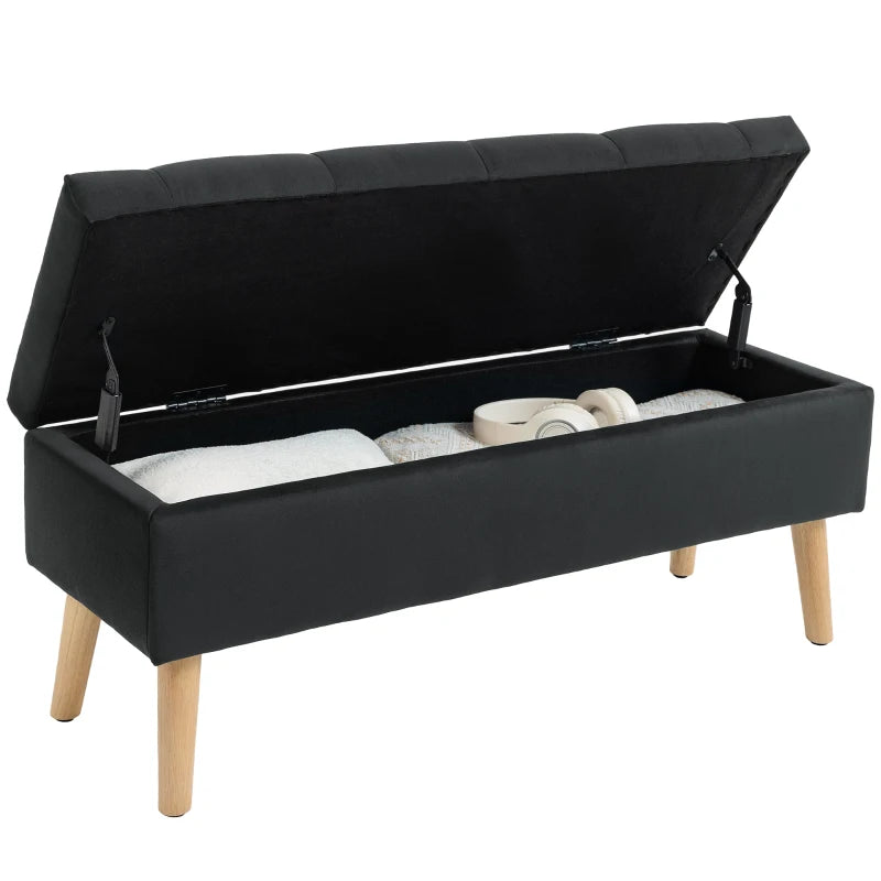 Storage Ottoman with Lid, Velvet Upholstered Storage Bench with Wood Legs for Living Room, Black