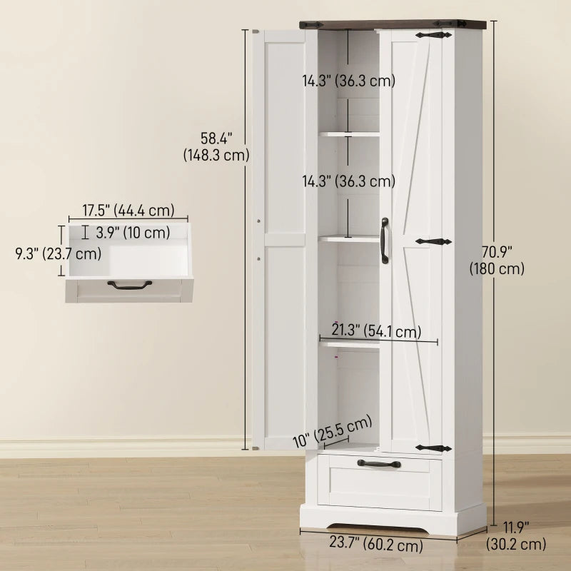 71" Pantry Cabinet, Kitchen Storage Cabinet with Adjustable Shelves, 2 Doors and Drawer for Dining Room, White