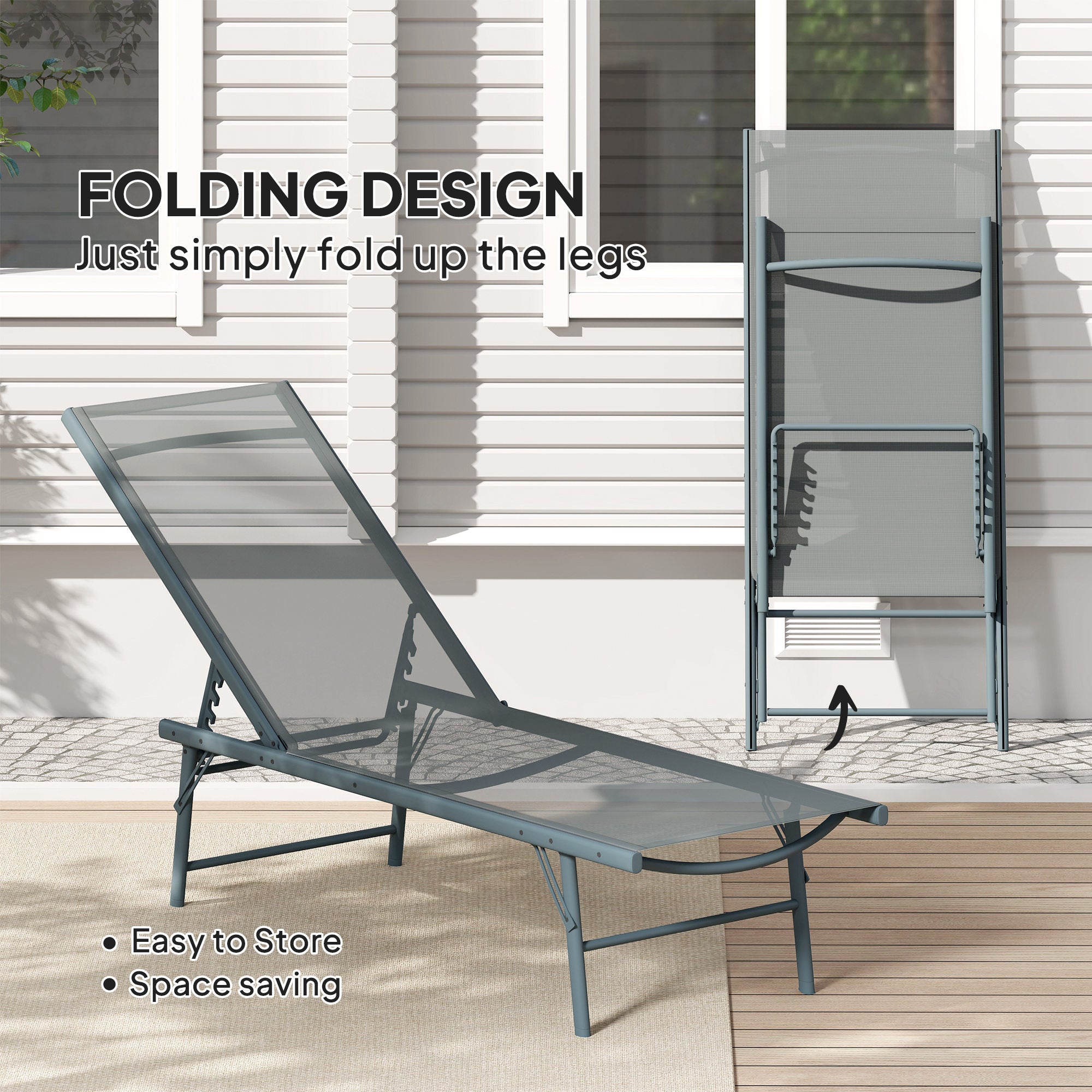 Outsunny 2 Pieces Folding Outdoor Lounge Chairs, Reclining Chaise Lounge Tanning Chair w/ Adjustable Back, Mesh Seat, Light Grey 