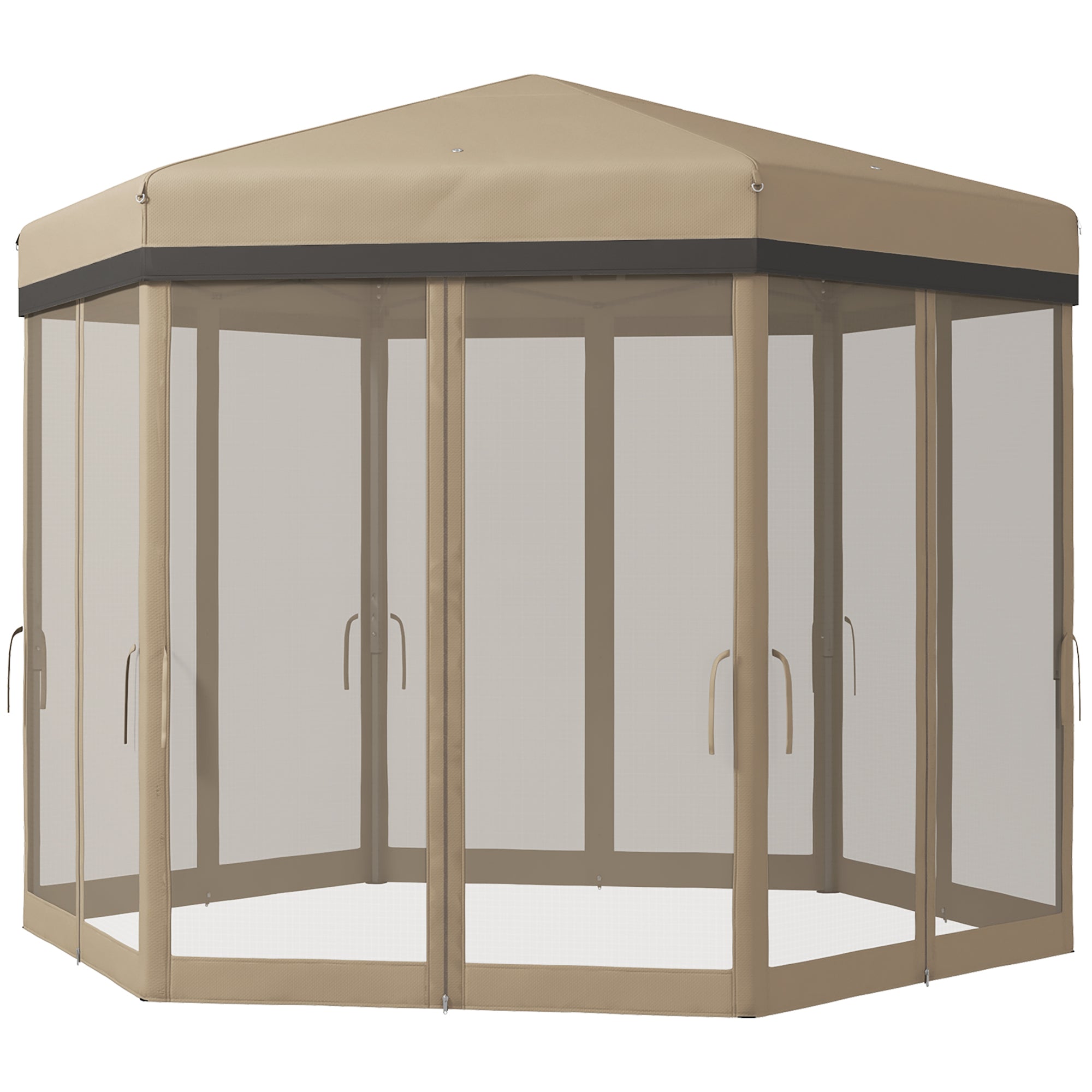 Outsunny 12'x12' Pop Up Canopy, Hexagon Gazebo with Netting, Carry Bag, Height Adjustable Instant Shelter, Khaki 