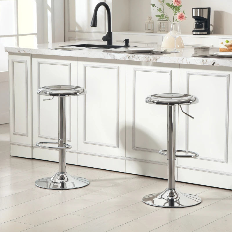 Steel Bar Stools Set of 2, Adjustable Counter Height Round Breakfast Barstools, Industrial Swivel Bar Chairs, Silver
