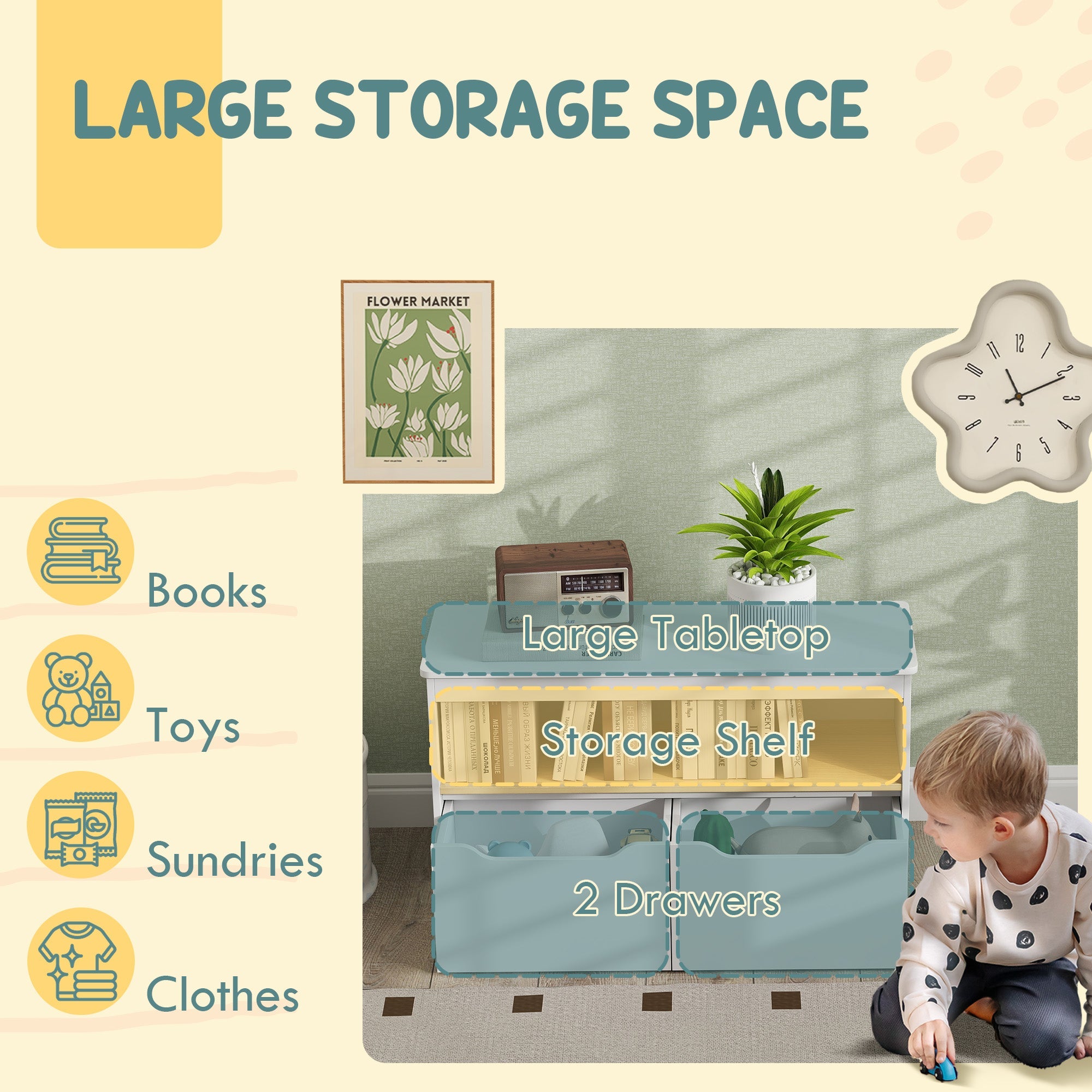 Qaba Kids Bookshelf with 2 Drawers, Large Tabletop, Shelf, for Nursery, Kids Room, Bedroom, Living Room, White 
