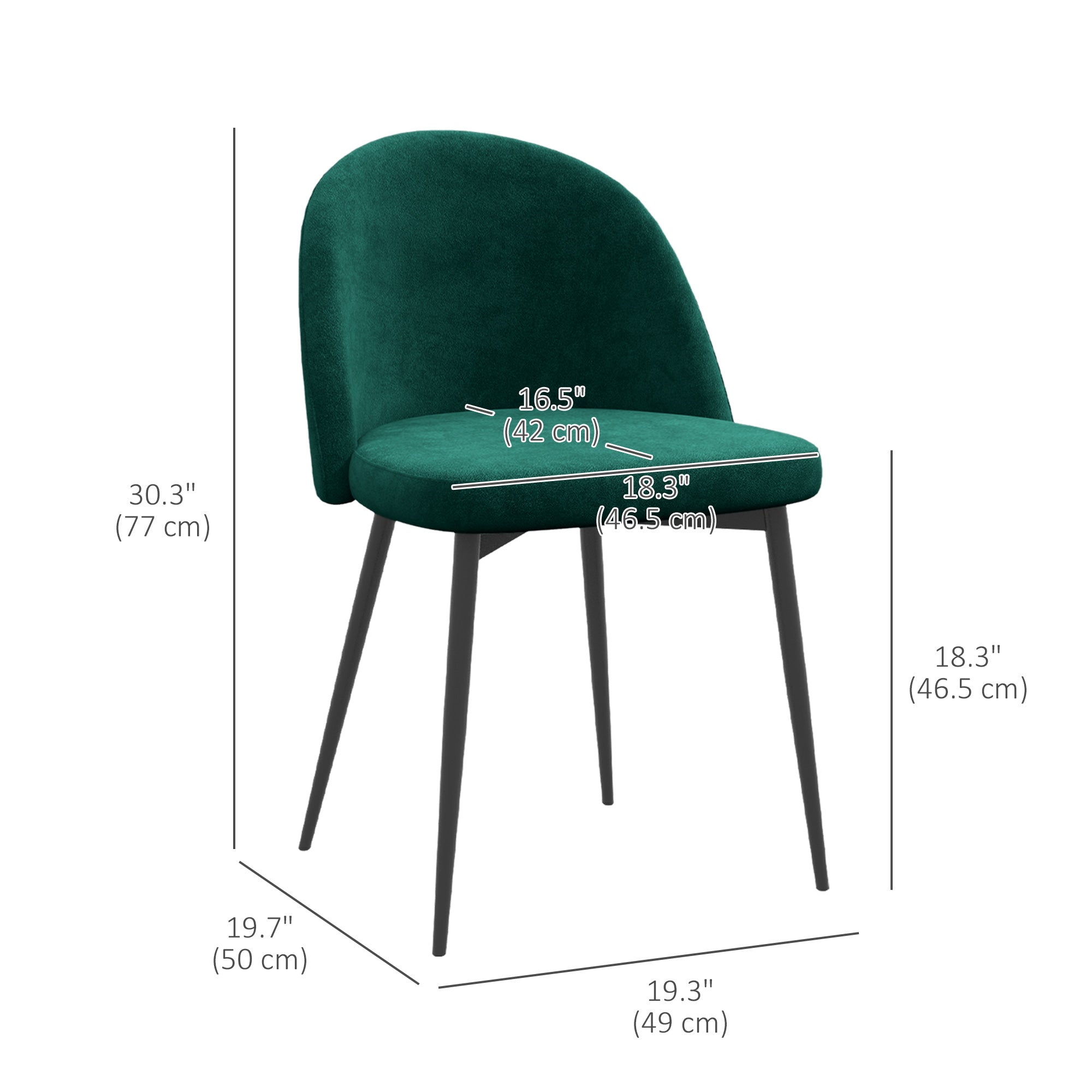 HOMCOM Set of 2 Mid-Back Dining Chair, Mid-Back Velvet-touch Upholstery Kitchen Chair for Living Room Dining Room, Green 