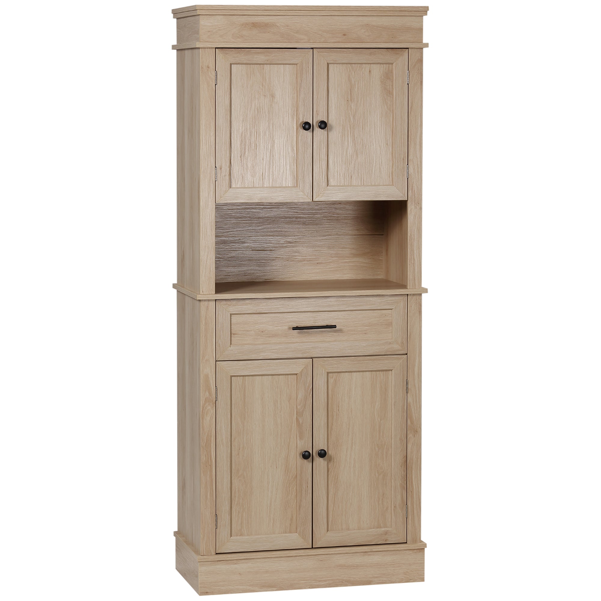 HOMCOM Modern Freestanding Kitchen Pantry Cabinet Oak Doors Open Shelves Adjustable Shelving Microwave Space 