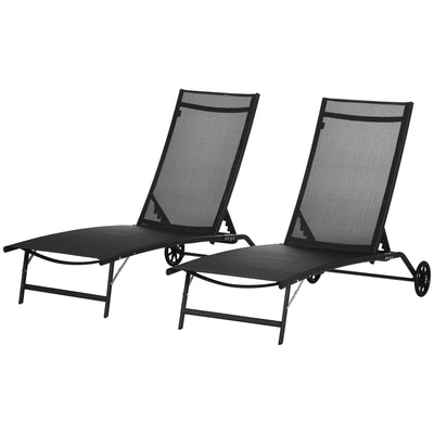 Outsunny 2PC Lounge Chairs w Wheels 5-Level Adjustable Backrest Garden Backyard Patio Poolside Black 
