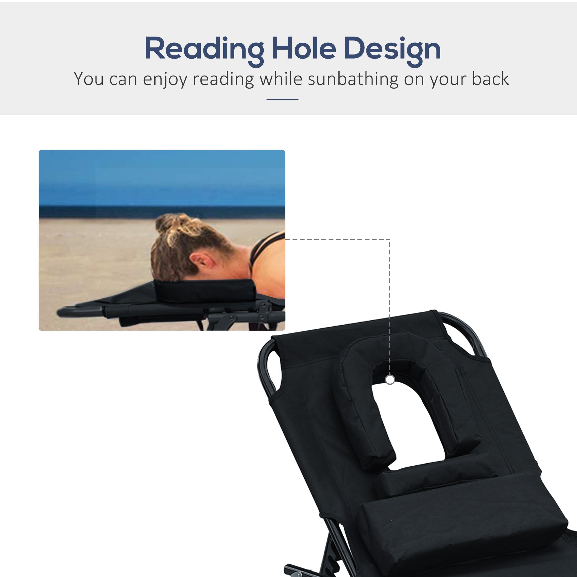 Outsunny Sunbathing Sanctuary: Sun Lounger with Reading Hole, Adjustable Garden Outdoor Reclining Chair, Folding Camping Bed, Black 