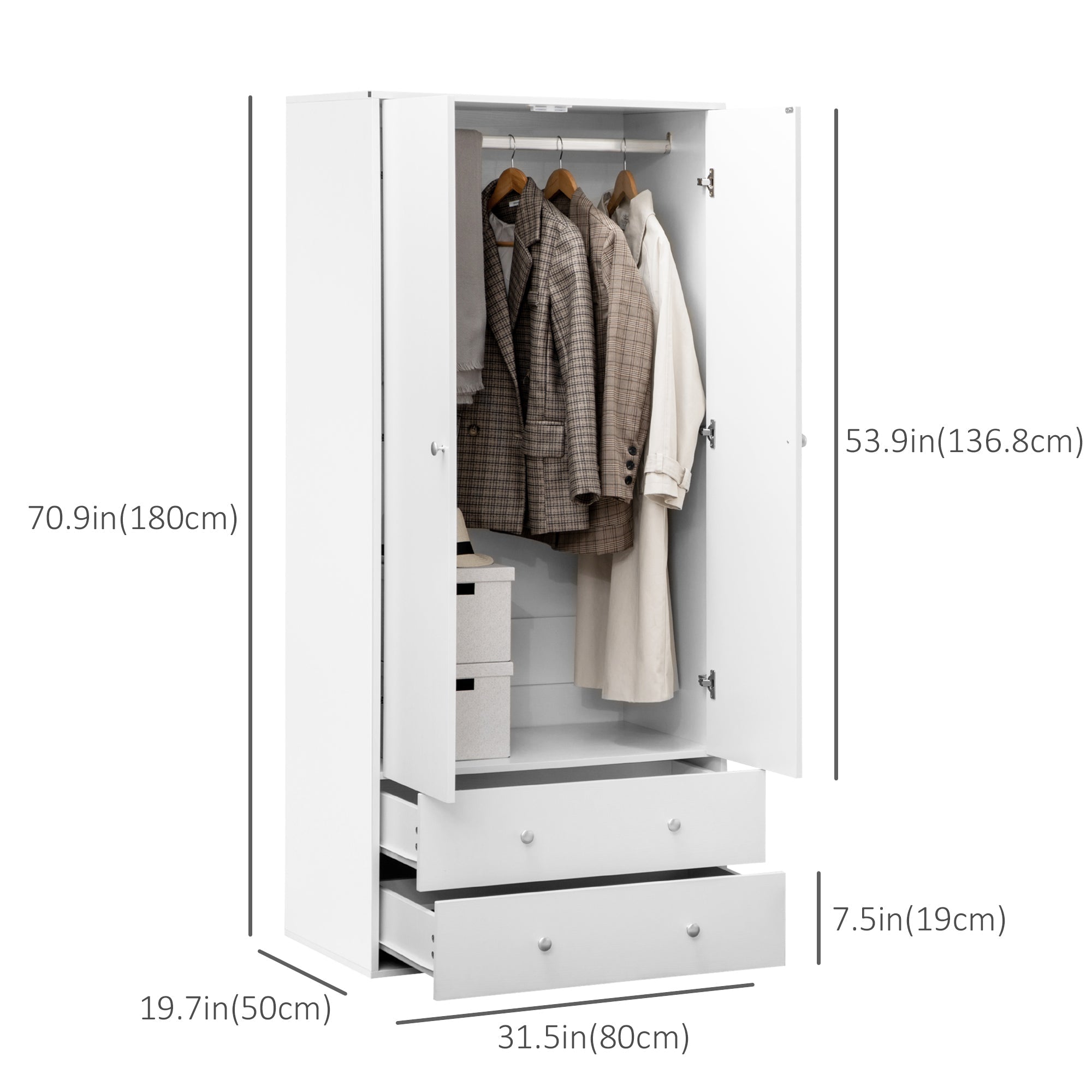 HOMCOM Spacious Wardrobe Closet Armoire with Drawers Hanging Rail for Bedroom Clothes Organization Storage White 