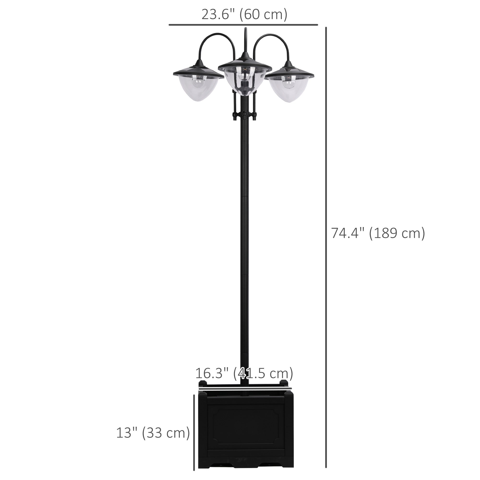 Outsunny Solar Lamp Post, 3-Head LED Garden Light with Built-In Planter & Battery for Garden Decoration, Black 