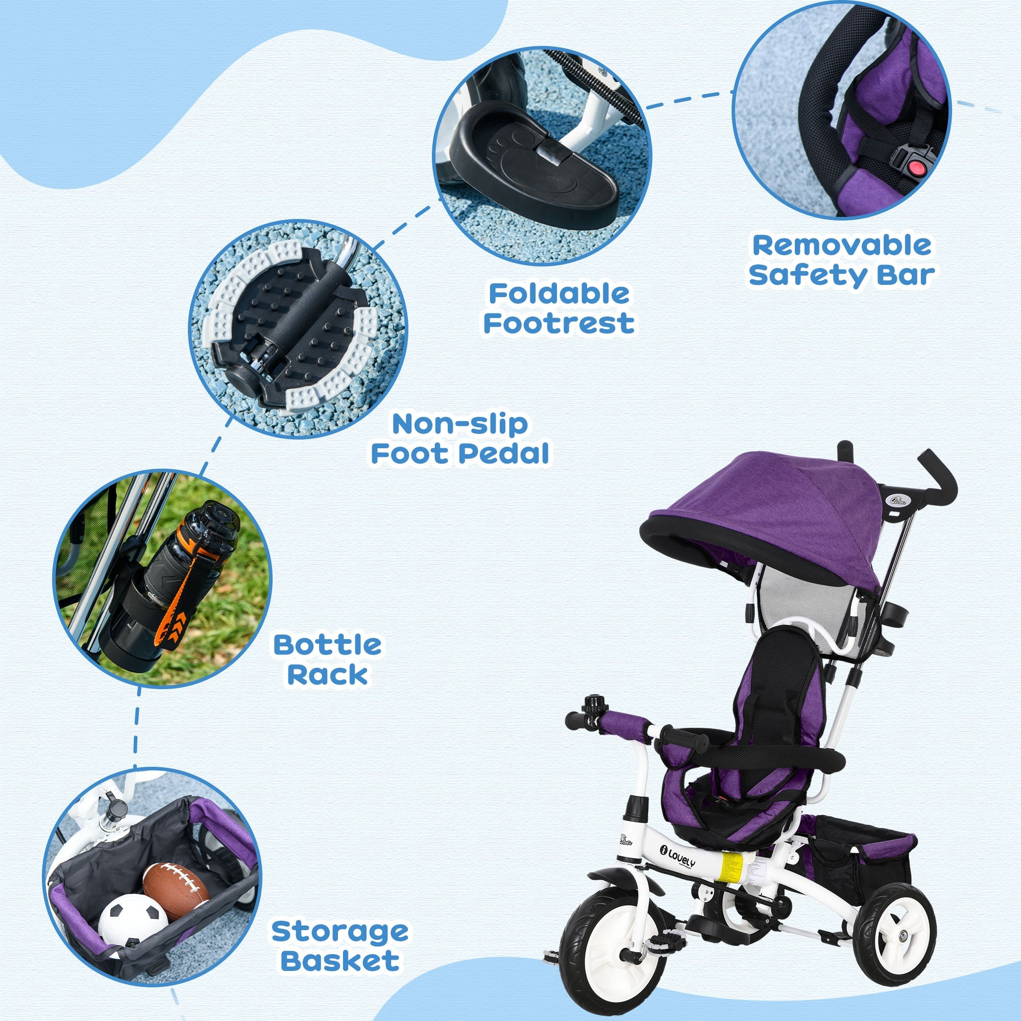 Qaba 4-in-1 Convertible Toddler Tricycle Stroller with Canopy Basket Safety Harness for Kids 12-60 Months Purple 