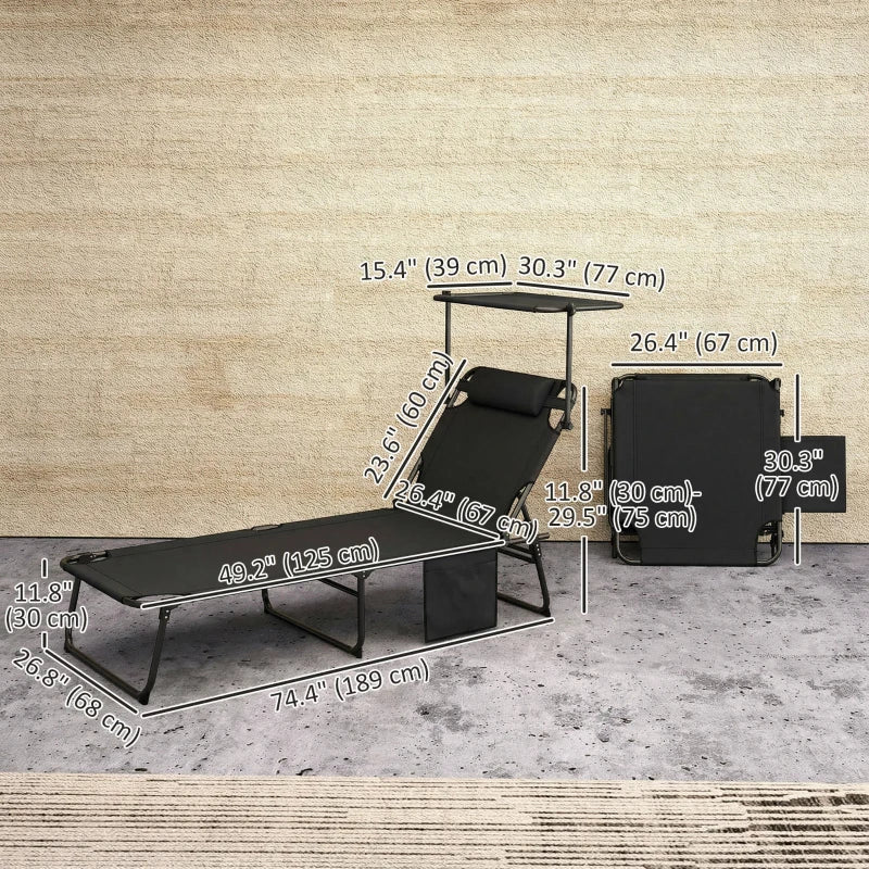 Folding Lounge Chair with Adjustable Canopy, 4-Position Outdoor Tanning Chair with Headrest, Black