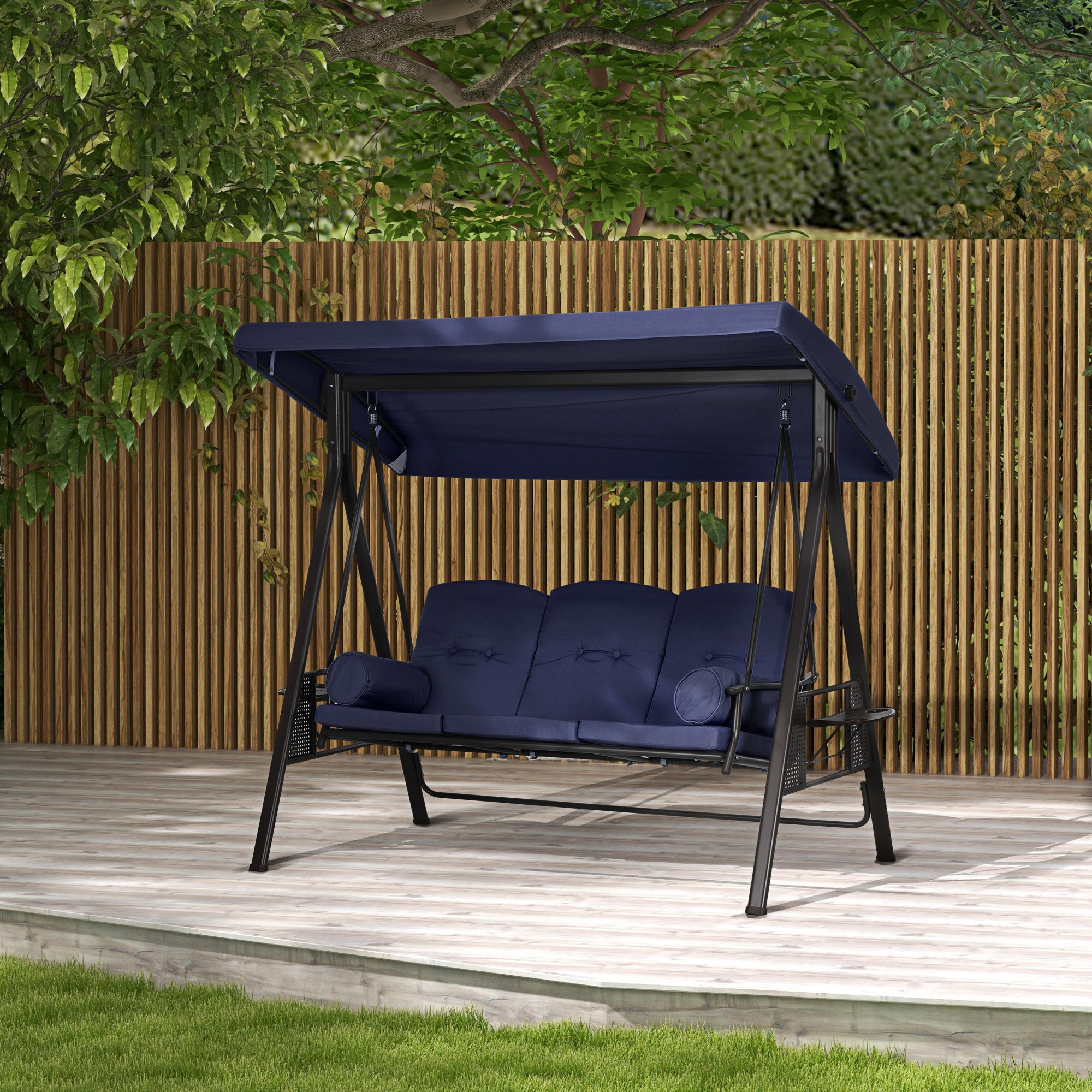 Outsunny Outdoor Patio 3-Person Steel Canopy Cushioned Seat Bench Swing with Included Side Trays & Padded Comfort, Dark Blue 