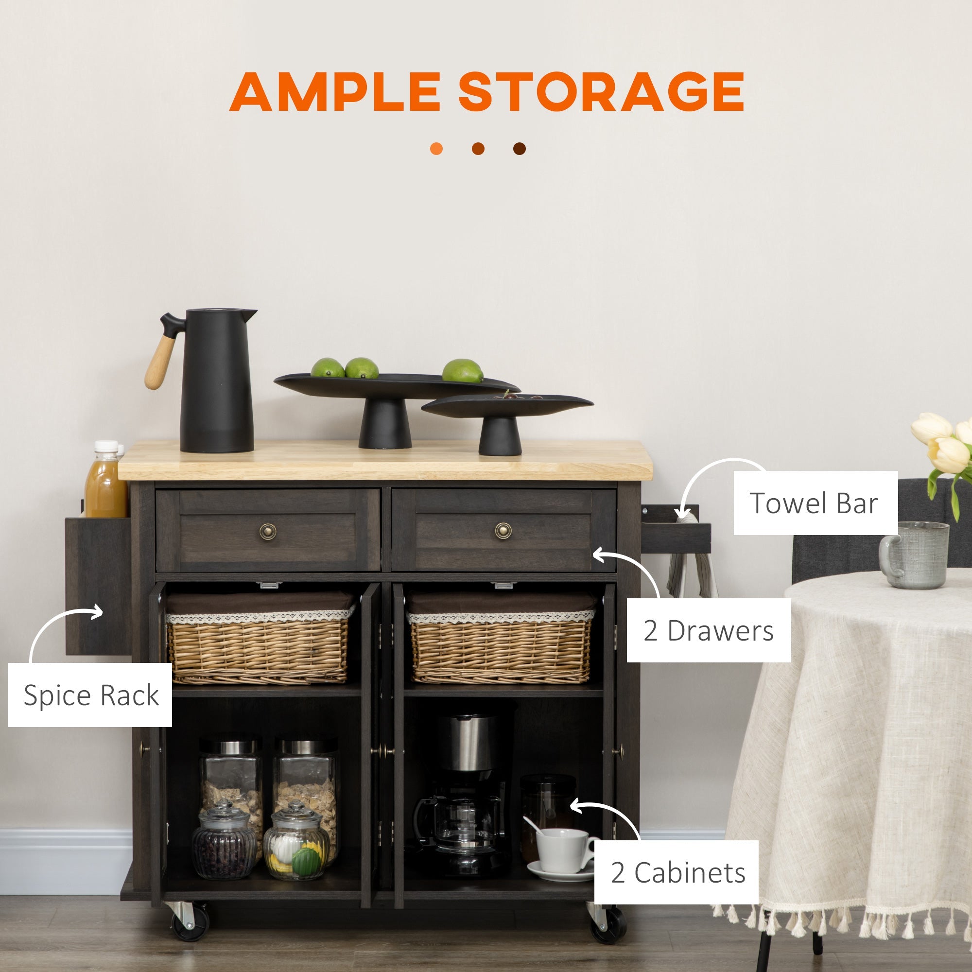 HOMCOM Rustic Kitchen Trolley: Rubber Wood Top, Spice Rack, Towel Rail for Functionality, Oak Brown 