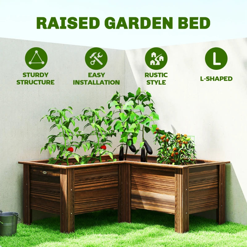 Raised Garden Bed, Wooden Elevated Planter Box Outdoor with Legs, for Vegetables, Flowers, Herbs, L-shaped, Carbonized