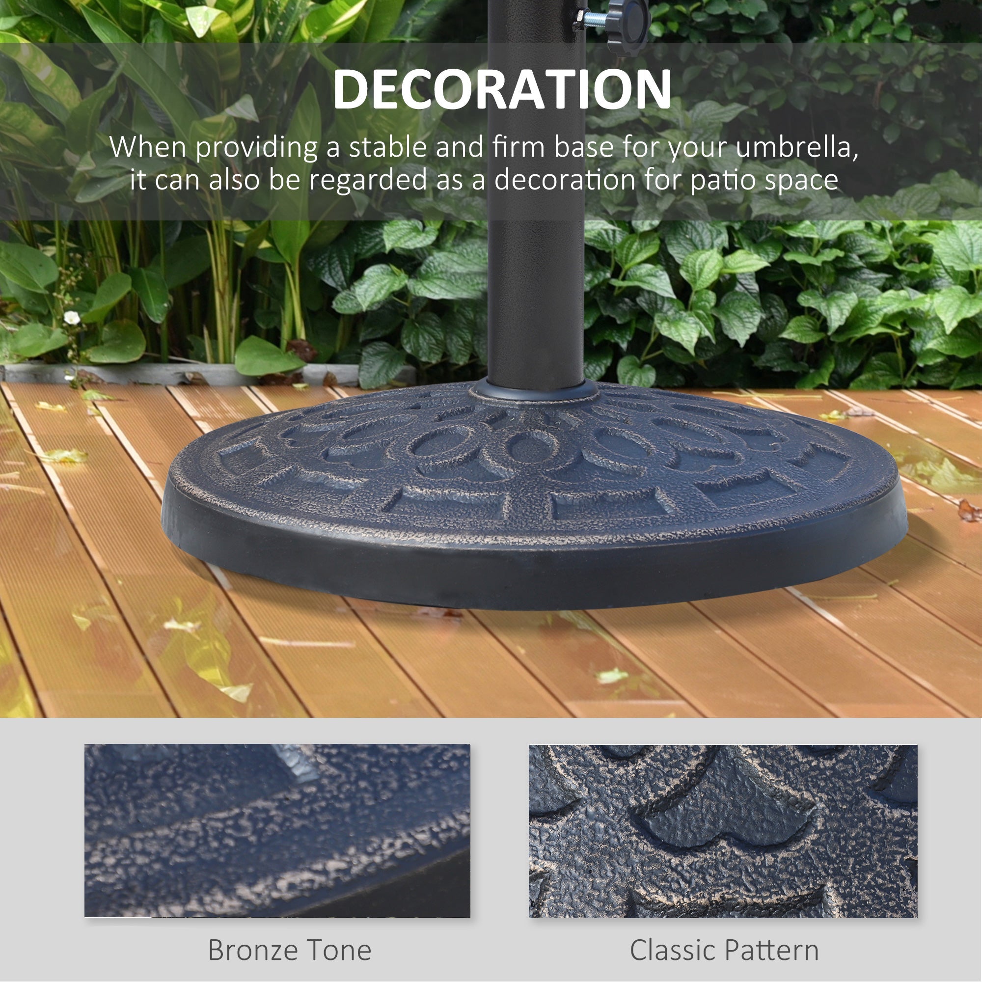 Outsunny Elegant Umbrella Base: 17" Round Resin Market Parasol Holder with Decorative Pattern for Φ1.5", Φ1.89" Pole, Bronze Finish 