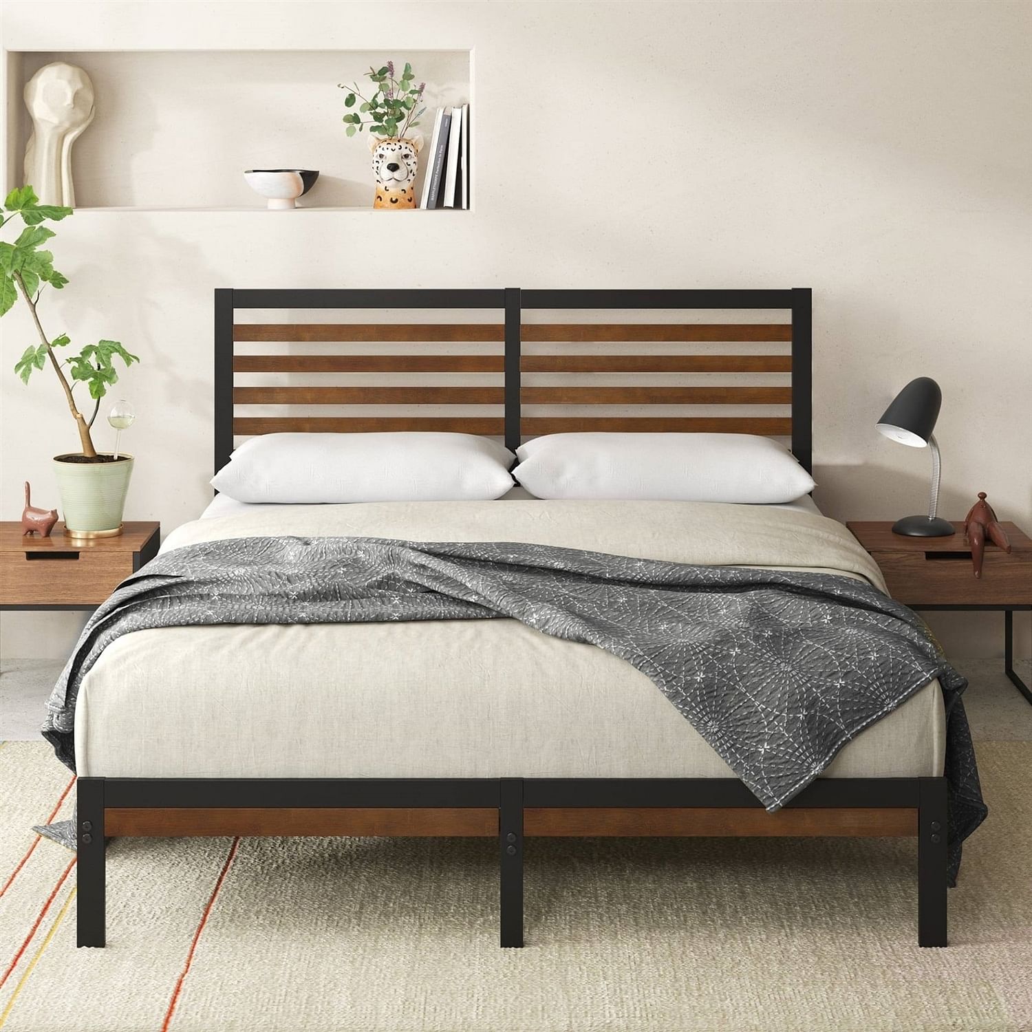 Queen Metal Platform Bed Frame with Bamboo Wood Slat Headboard and Footboard - Free Shipping