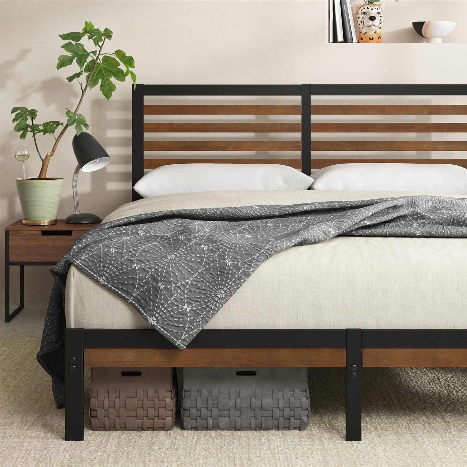 Queen Metal Platform Bed Frame with Bamboo Wood Slat Headboard and Footboard - Free Shipping