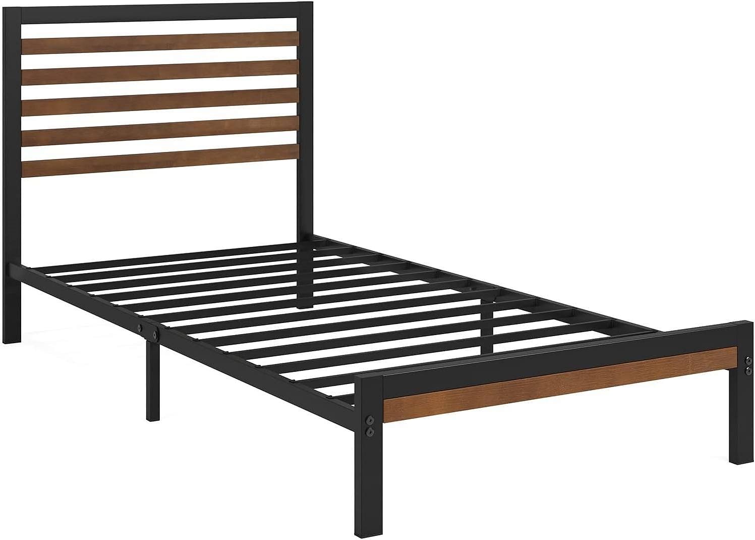 Twin Metal Platform Bed Frame with Bamboo Wood Slatted Headboard and Footboard - Free Shipping