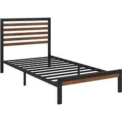 Twin Metal Platform Bed Frame with Bamboo Wood Slatted Headboard and Footboard - Free Shipping