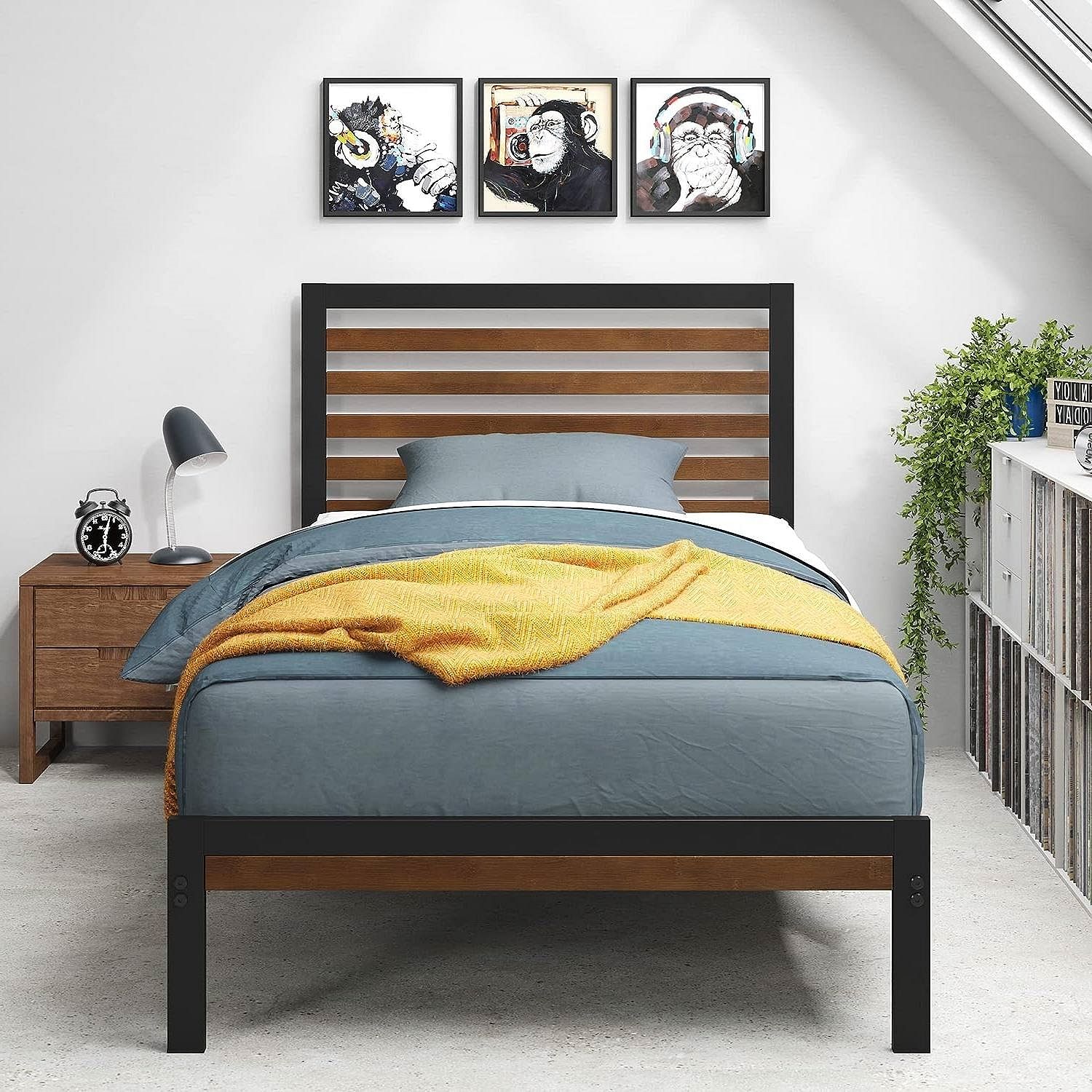 Twin Metal Platform Bed Frame with Bamboo Wood Slatted Headboard and Footboard - Free Shipping