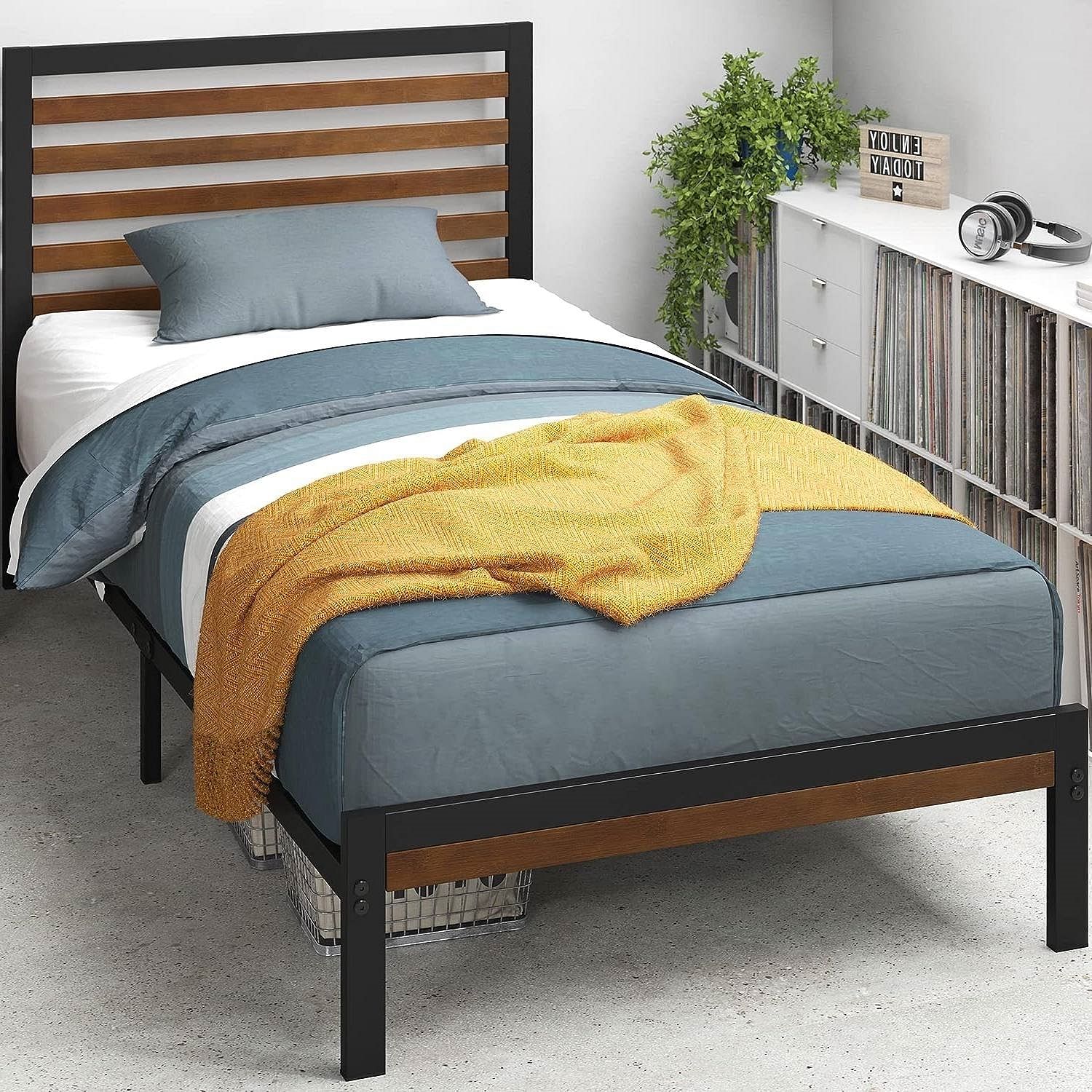 Twin Metal Platform Bed Frame with Bamboo Wood Slatted Headboard and Footboard - Free Shipping