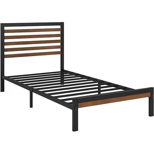 Twin Metal Platform Bed Frame with Bamboo Wood Slatted Headboard and Footboard - Free Shipping