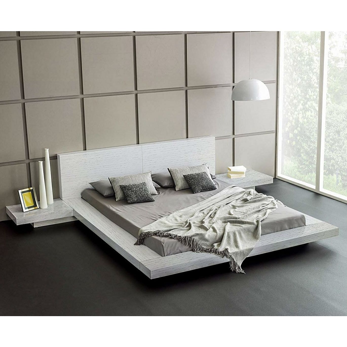 King Modern Platform Bed with Headboard and 2 Nightstand in Ash White - Free Shipping 