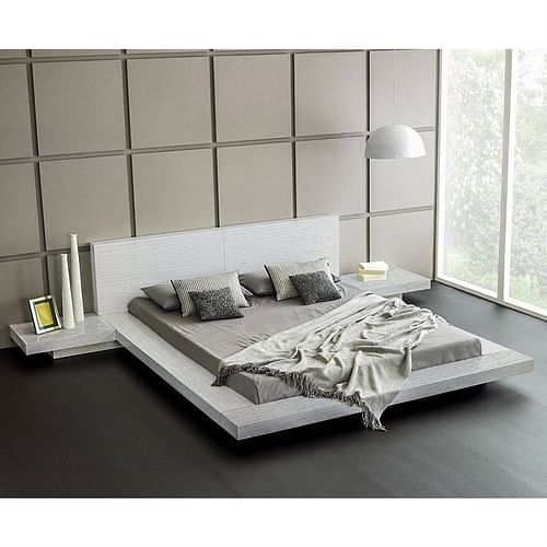 King Modern Platform Bed with Headboard and 2 Nightstand in Ash White - Free Shipping