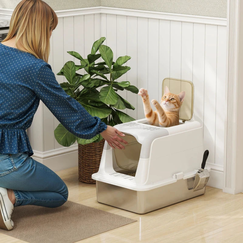 Extra Large Stainless Steel Litter Box, Enclosed Kitty Litter Box for Big Cats with Scoop, Deodorizer Bag