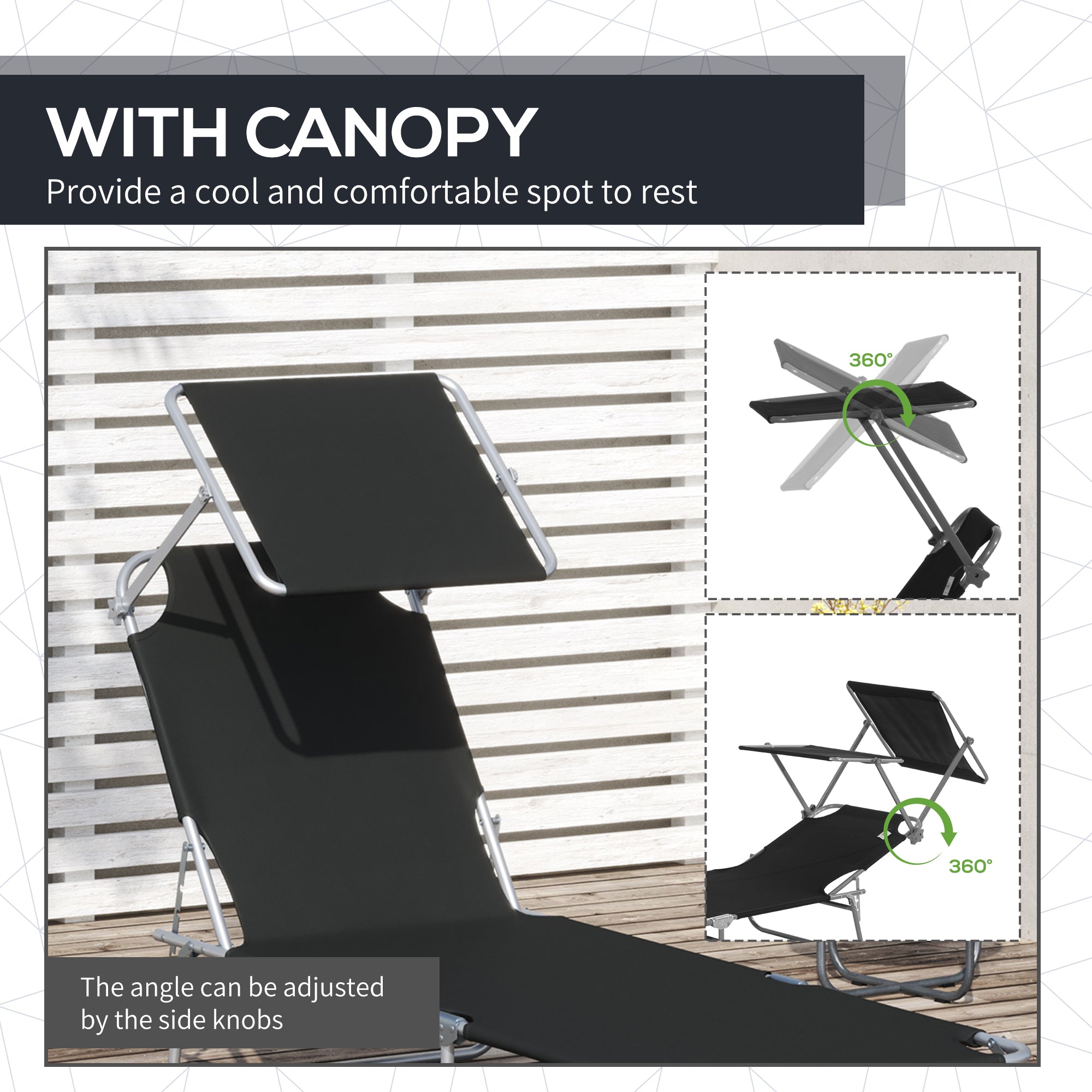 Outsunny Reclining Chair Folding Adjustable with Sun Shade Durable Outdoor Comfort Black 