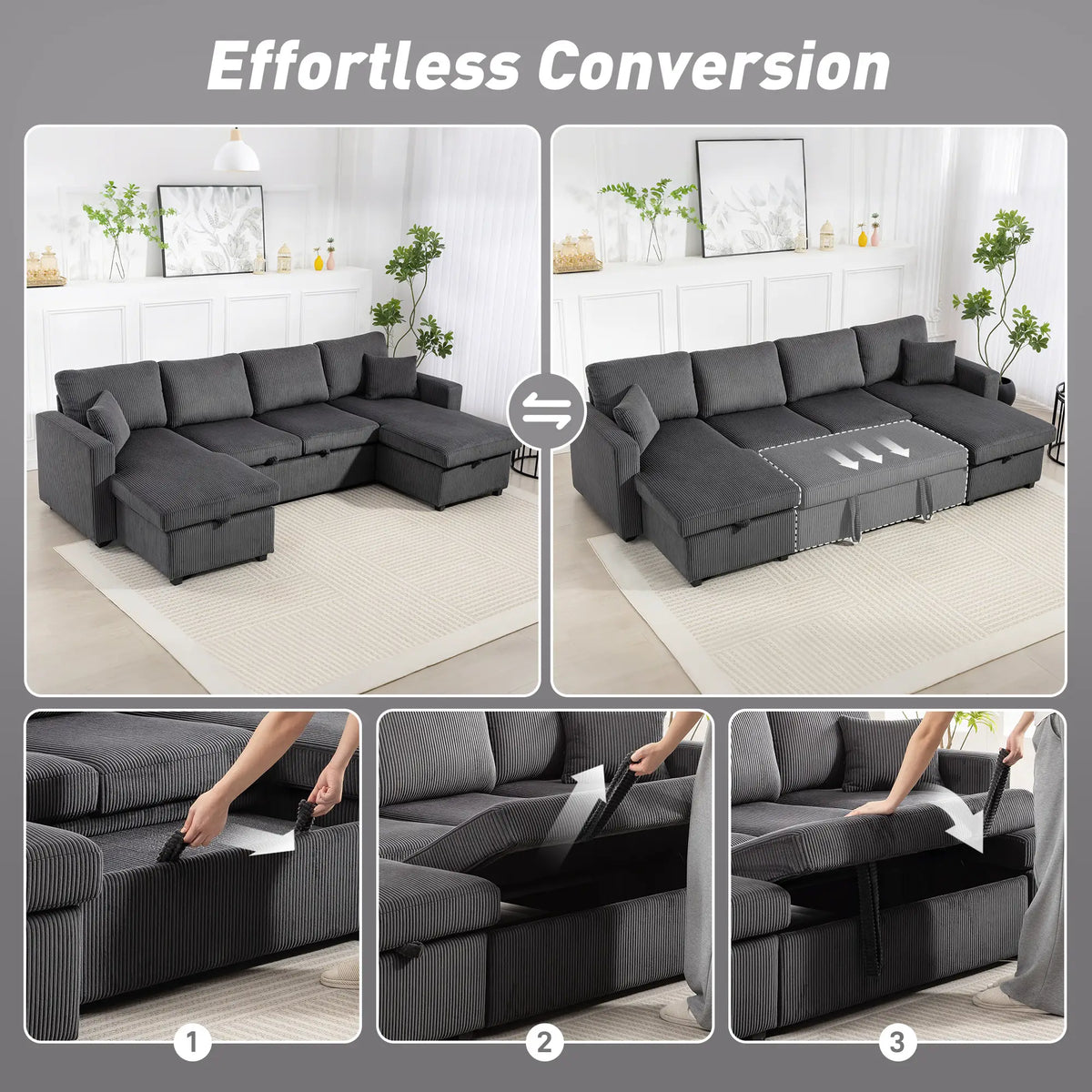 U-Shaped Pull-Out Sofa Bed with Dual Storage Chaise, Corduroy Sleeper Couch with Pillows, Dark Grey