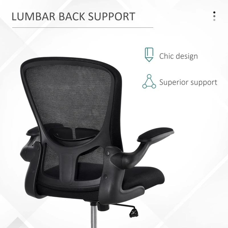 Mesh Office Chair, Swivel Desk Chair with Lumbar Back Support, Adjustable Height, Flip-Up Arm, Black