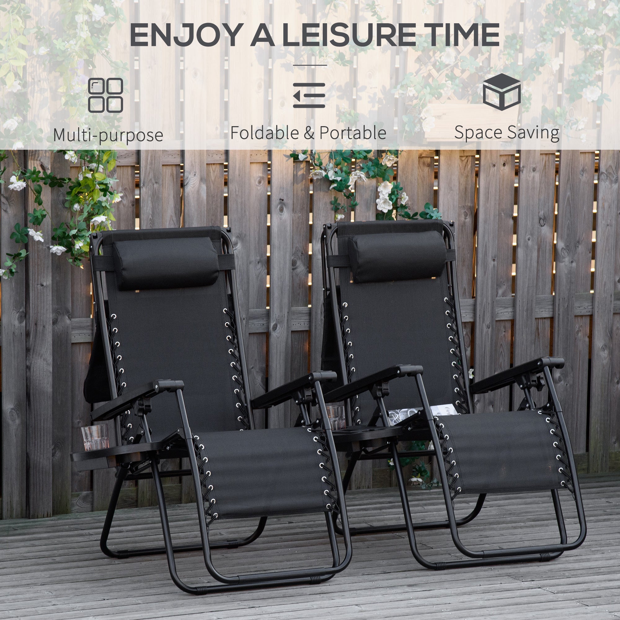 Outsunny Zero Gravity Chair 2pc Adjustable Patio Lounge Recliner with Cup Holder Canopy Shade Black 