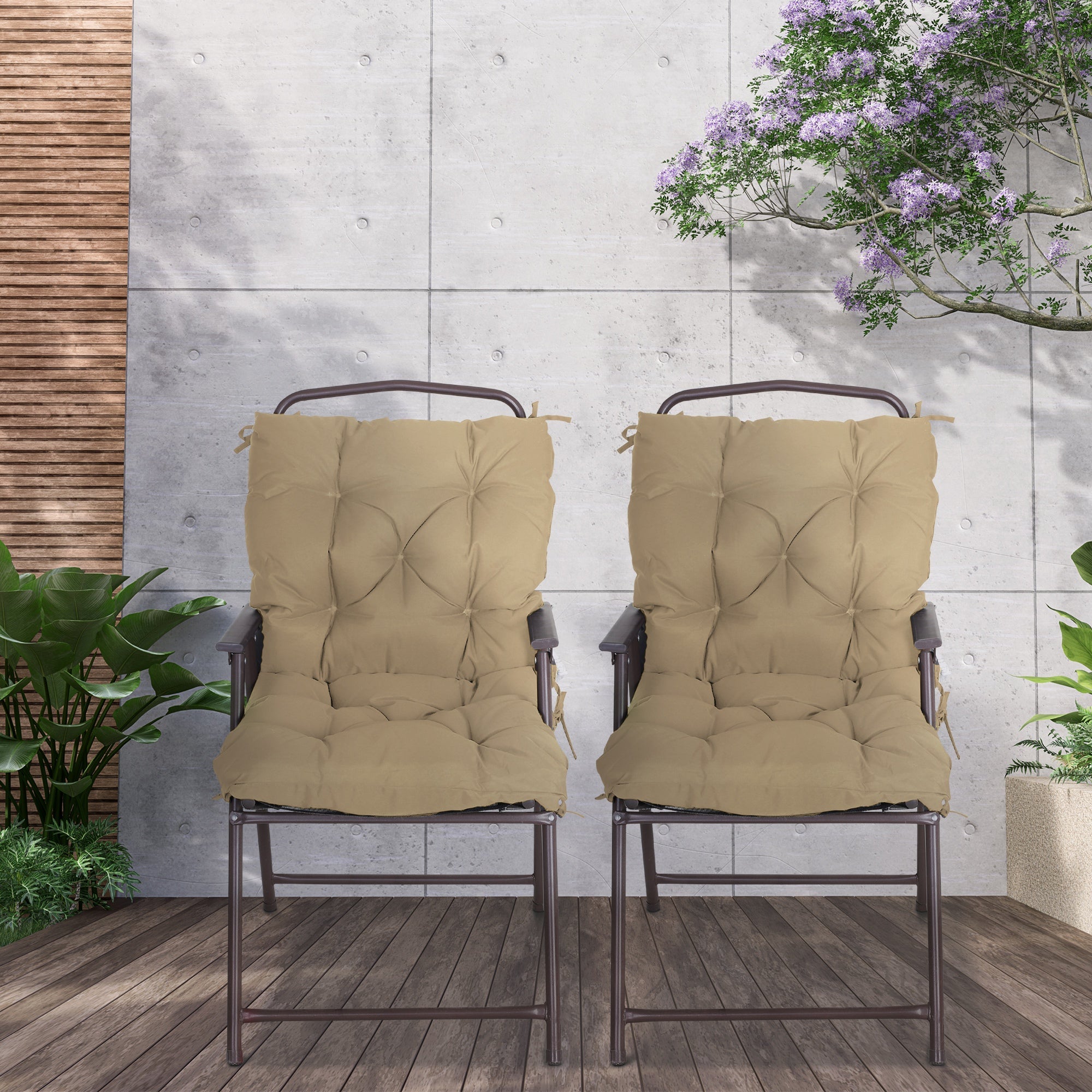 Outsunny Set of 2 Garden Chair Cushions Seat Pad with Backrest for Sunbeds Rocking Chairs Loungers Outdoor Indoor Use Khaki 