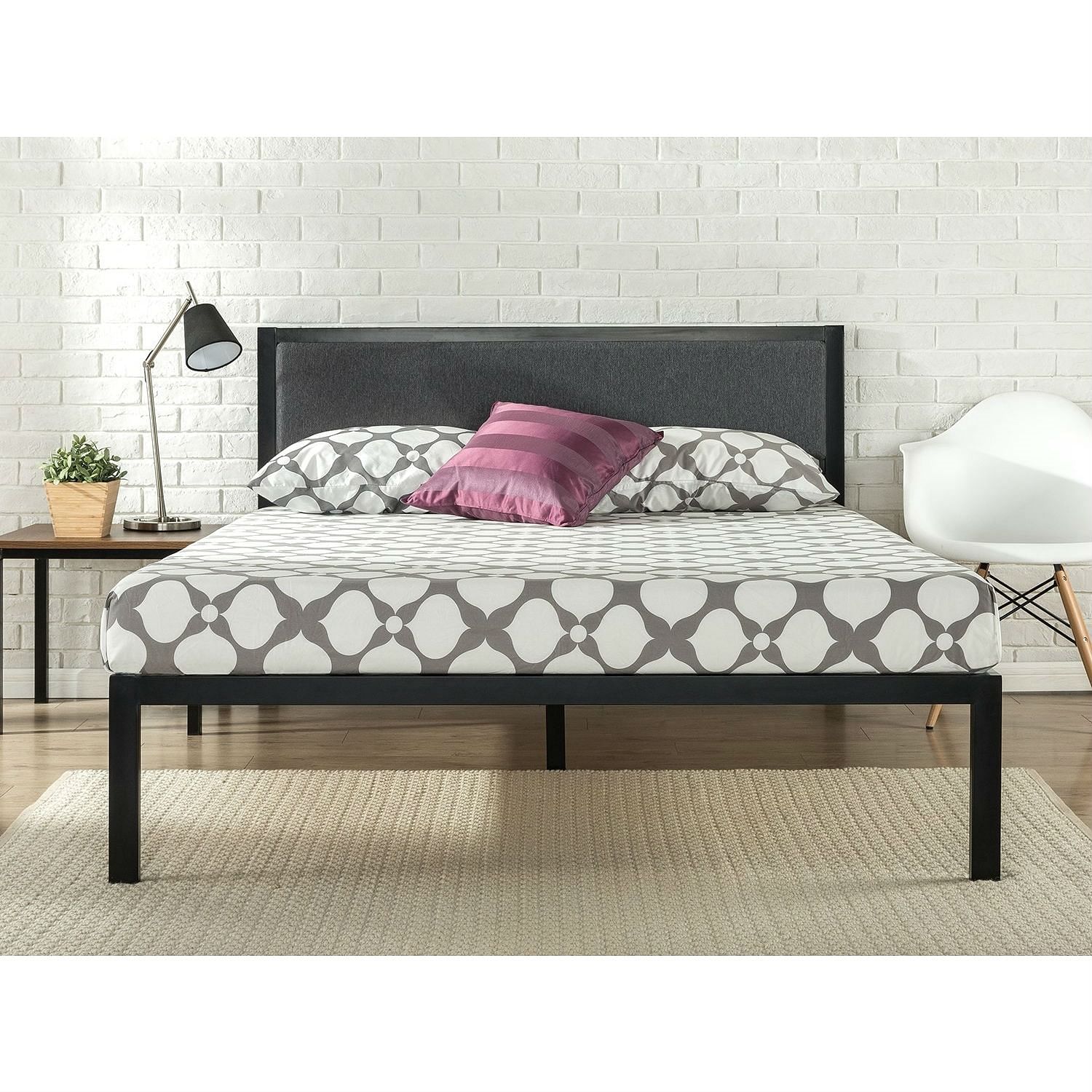 King size Metal Platform Bed Frame with Wood Slats and Upholstered Headboard - Free Shipping