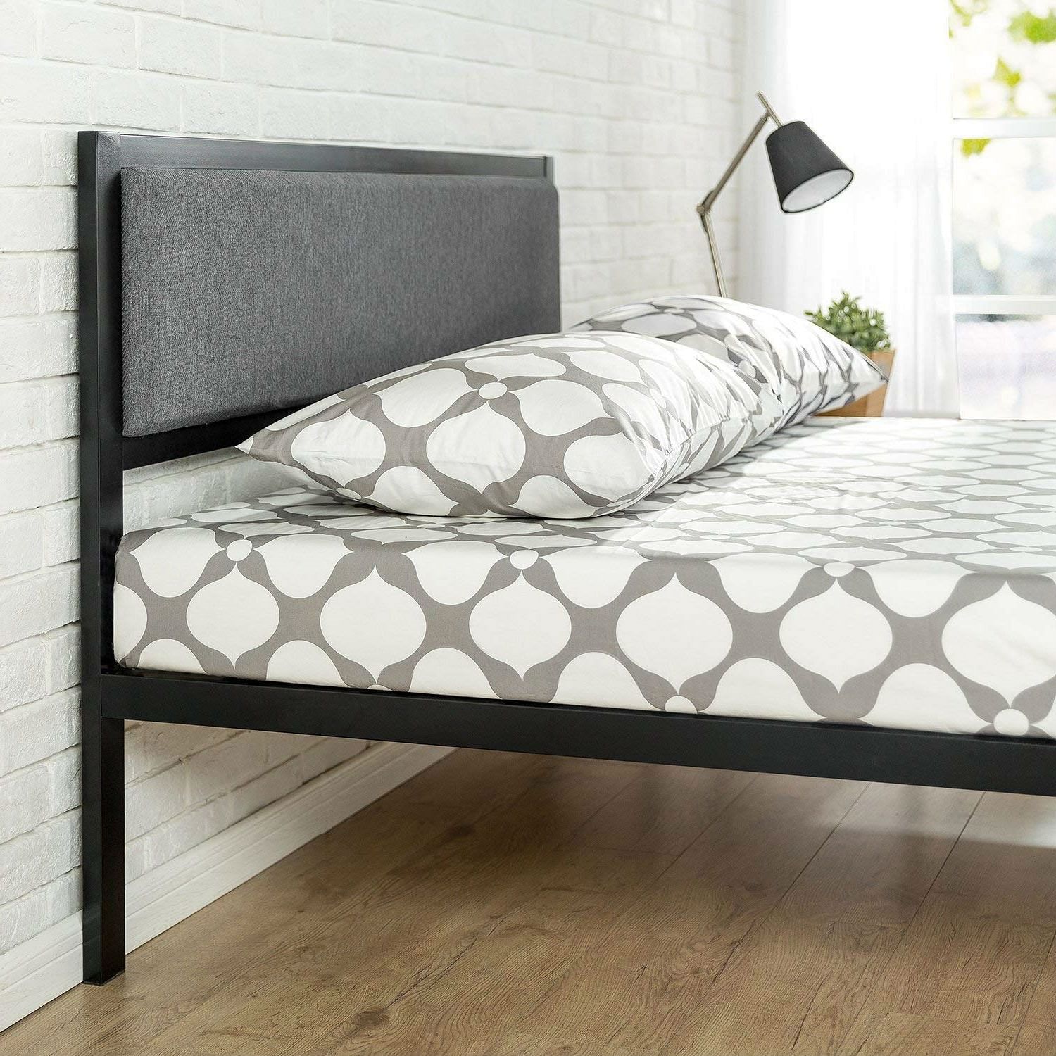 King size Metal Platform Bed Frame with Wood Slats and Upholstered Headboard - Free Shipping