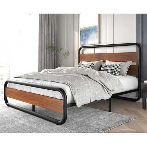 King size Heavy Duty Industrial Modern Metal Wood Platform Bed Frame with Headboard - Free Shipping