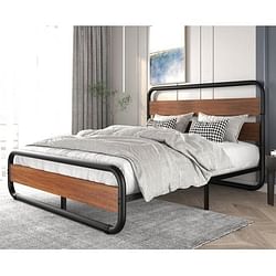 King size Heavy Duty Industrial Modern Metal Wood Platform Bed Frame with Headboard - Free Shipping