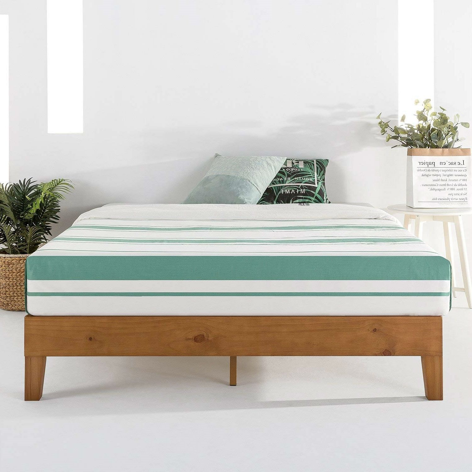 King Modern Classic Solid Wood Slat Platform Bed Frame in Natural Finish - Free Shipping