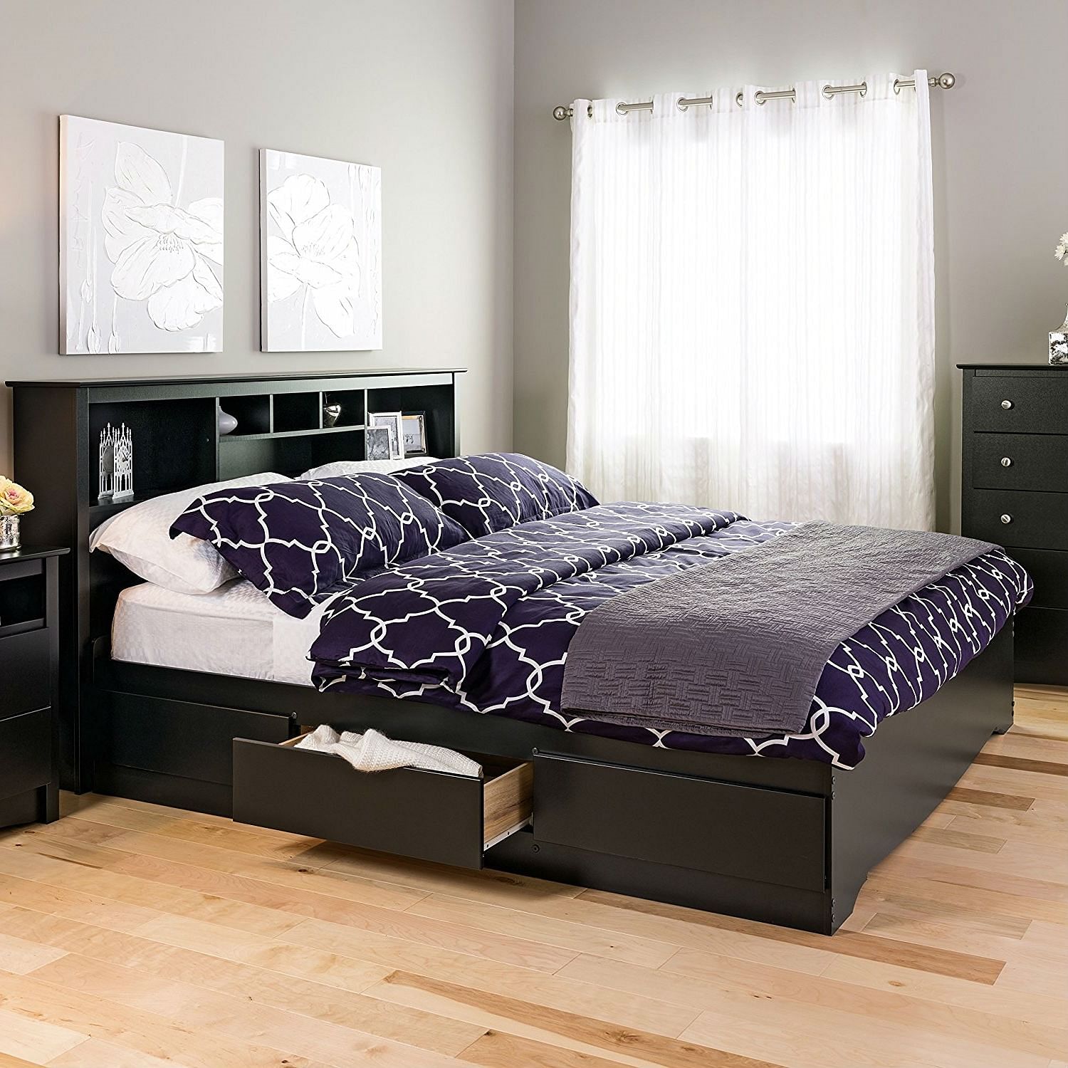 King size Black Wood Platform Bed Frame with Storage Drawers - Free Shipping