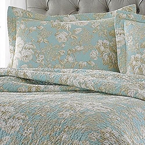 King size 3-Piece Reversible Cotton Quilt Set with Seafoam Blue Beige Floral Pattern - Free Shipping