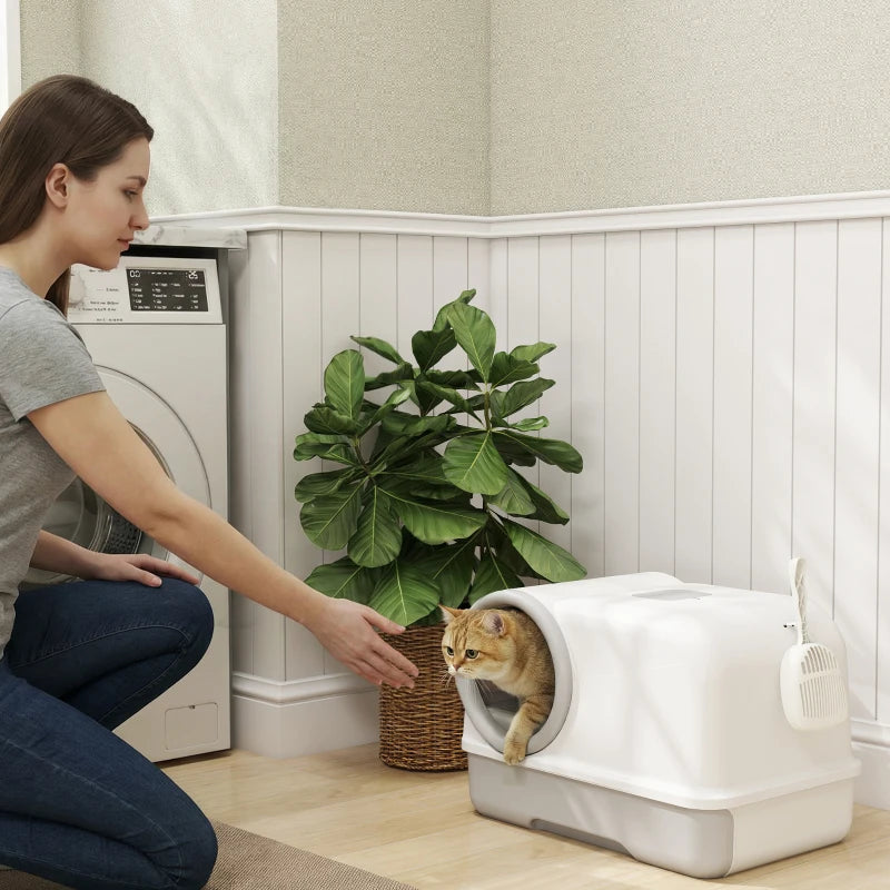 Cat Litter Box Easy Clean Drawer Odor Control Hooded Cat Litter Tray with Scoop White and Grey