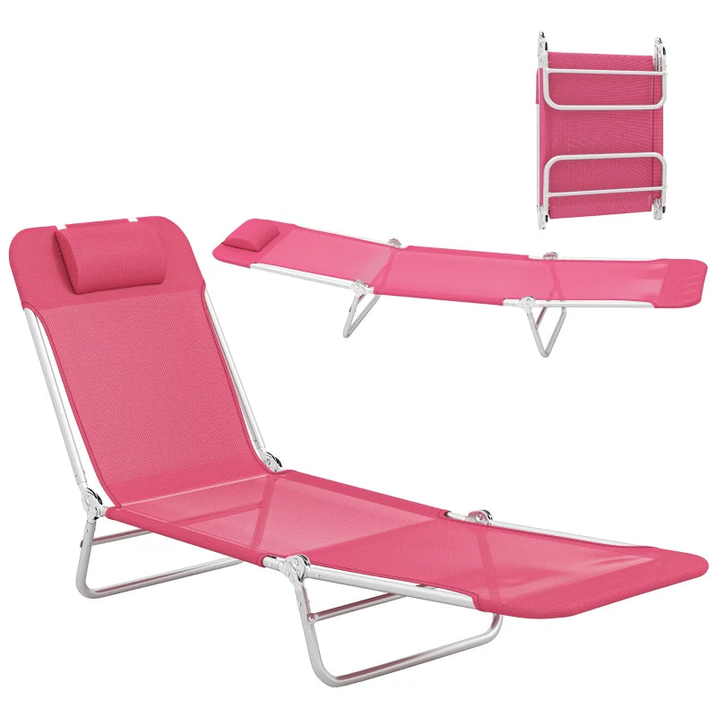 Folding Lounge Chair, Portable Tanning Chair with Adjustable Backrest, Pillow for Beach Poolside Patio, Pink