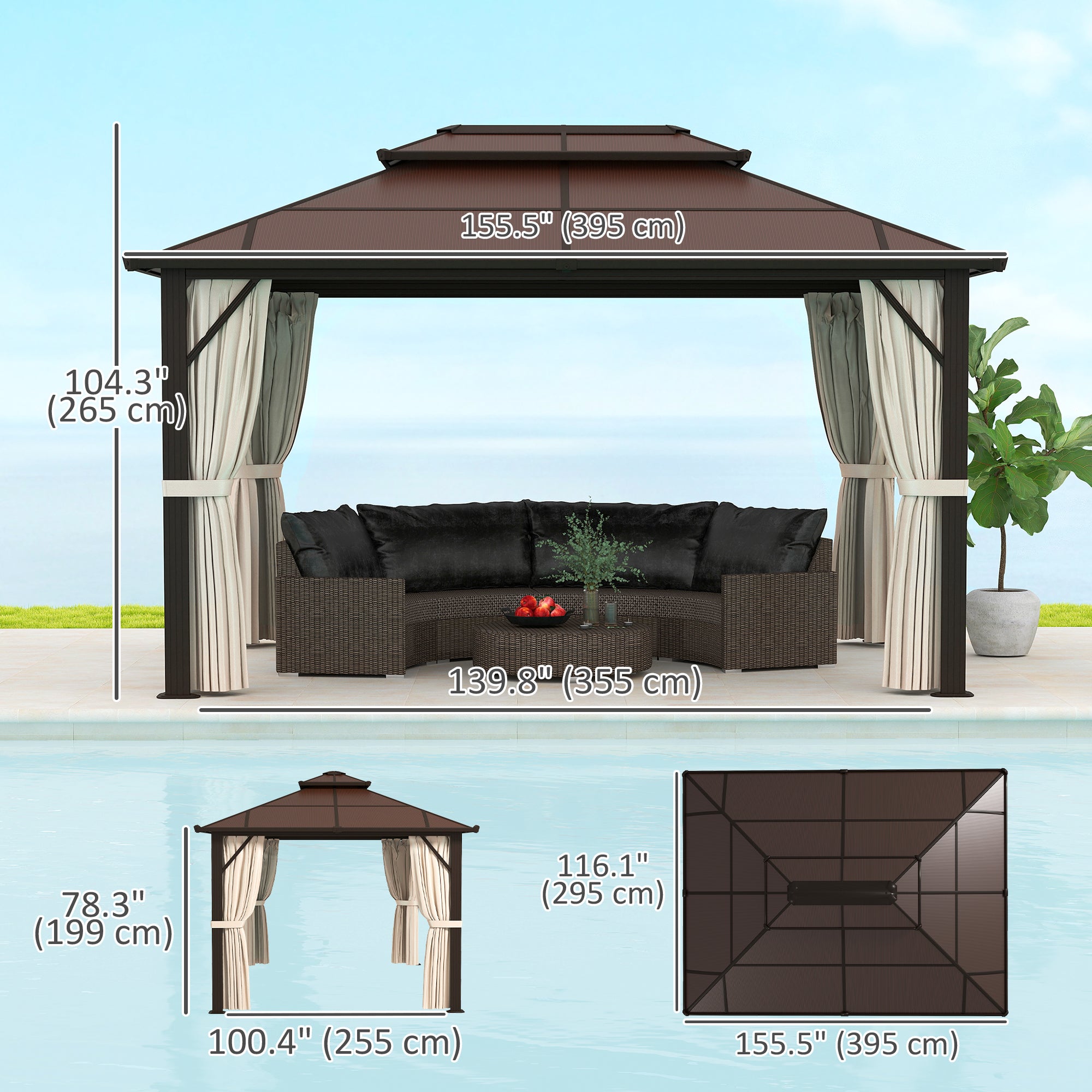 Outsunny 10' x 13' Hardtop Gazebo Canopy with UPF30+ Double Polycarbonate Roof, Aluminum Frame, Netting and Curtains, Beige 