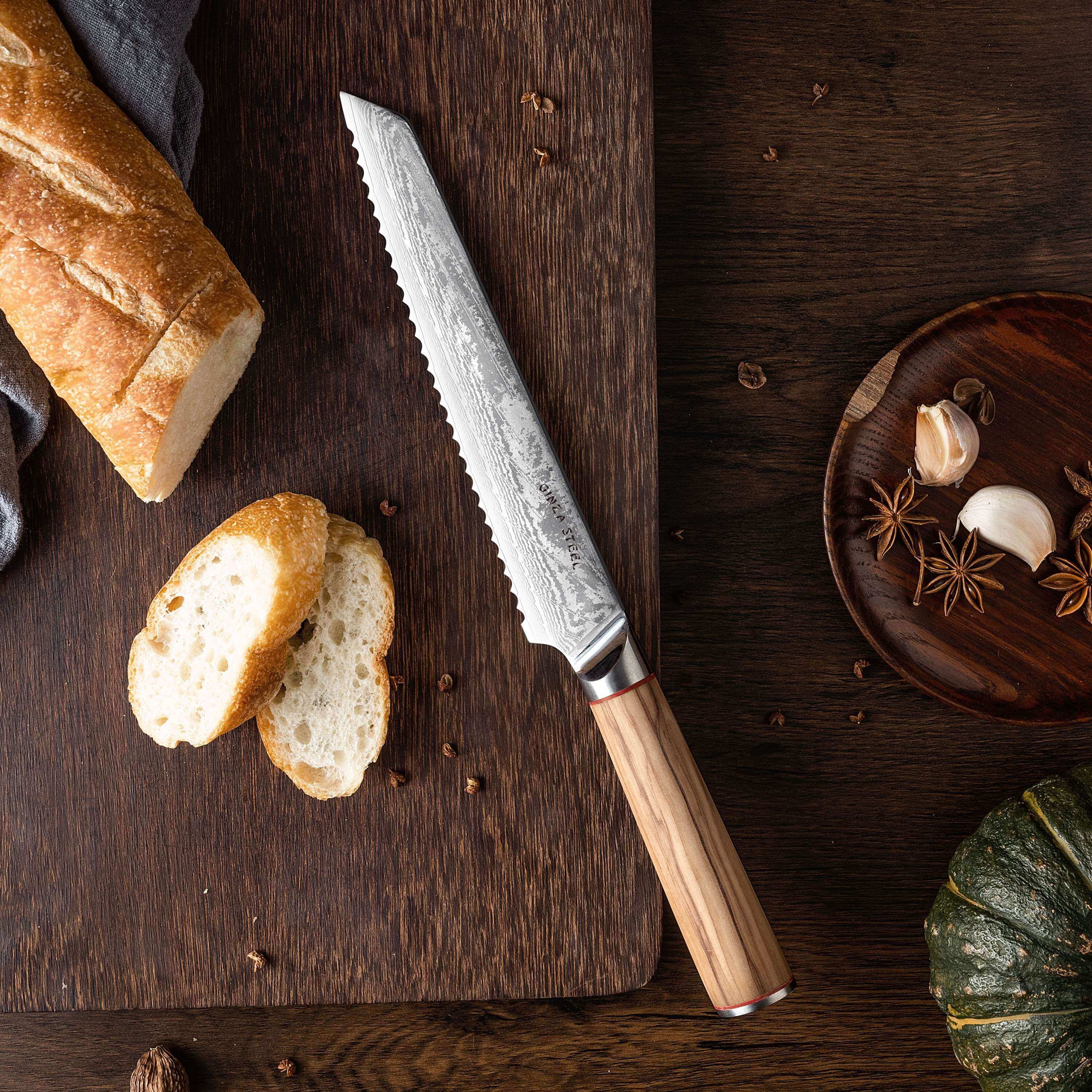 MIA Z | BREAD KNIFE 8" Damascus AUS10 Steel 67 Layer / Olive Wood handle 