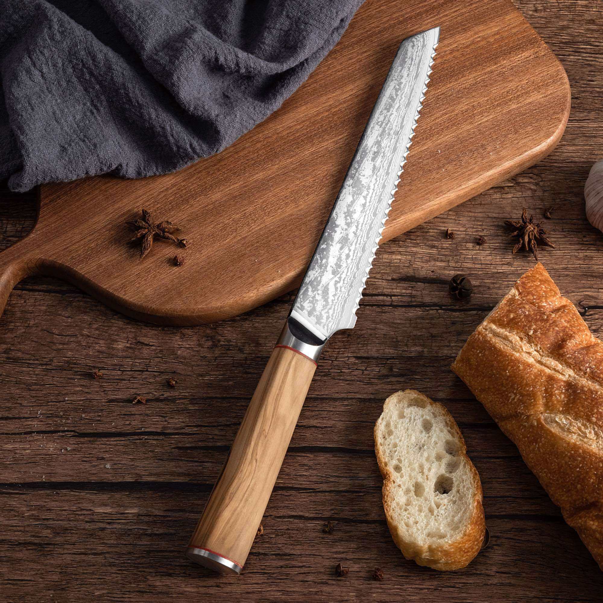 MIA Z | BREAD KNIFE 8" Damascus AUS10 Steel 67 Layer / Olive Wood handle 