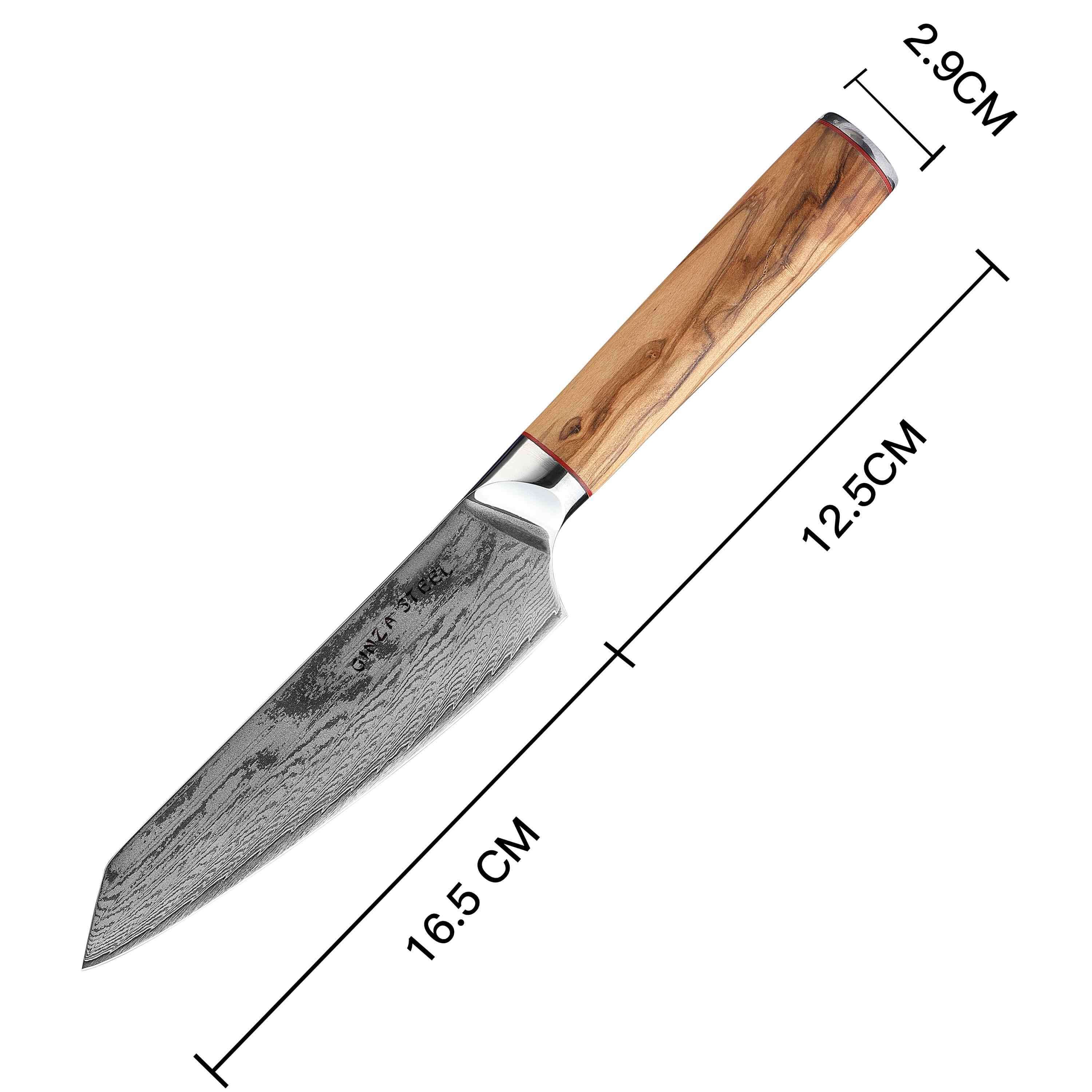 Ginza Steel MIA 17 Chef Knife 6.5” – Damascus AUS10 Steel, 67-Layer, Olive Wood Handle 