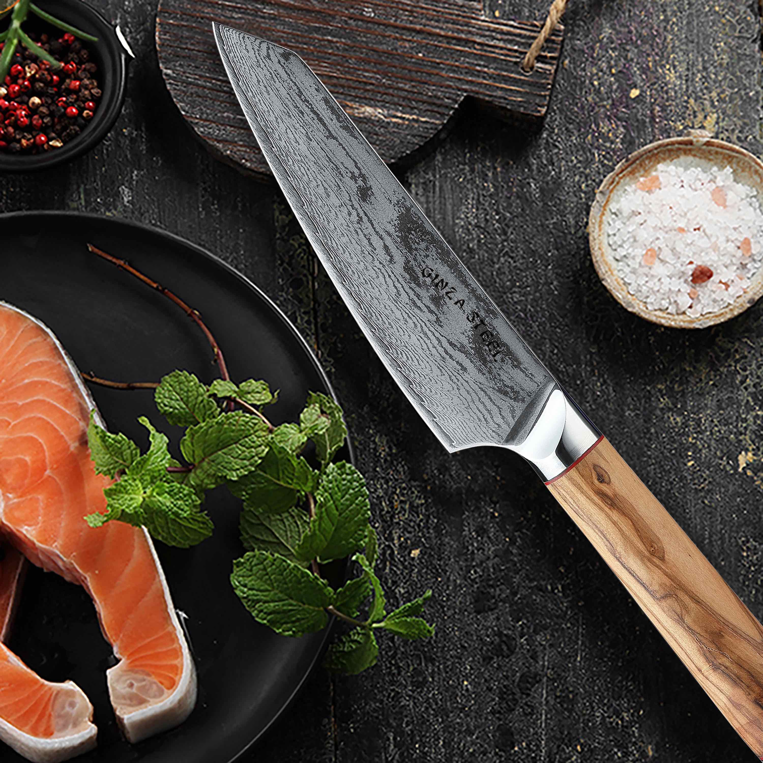 Ginza Steel MIA 17 Chef Knife 6.5” – Damascus AUS10 Steel, 67-Layer, Olive Wood Handle 