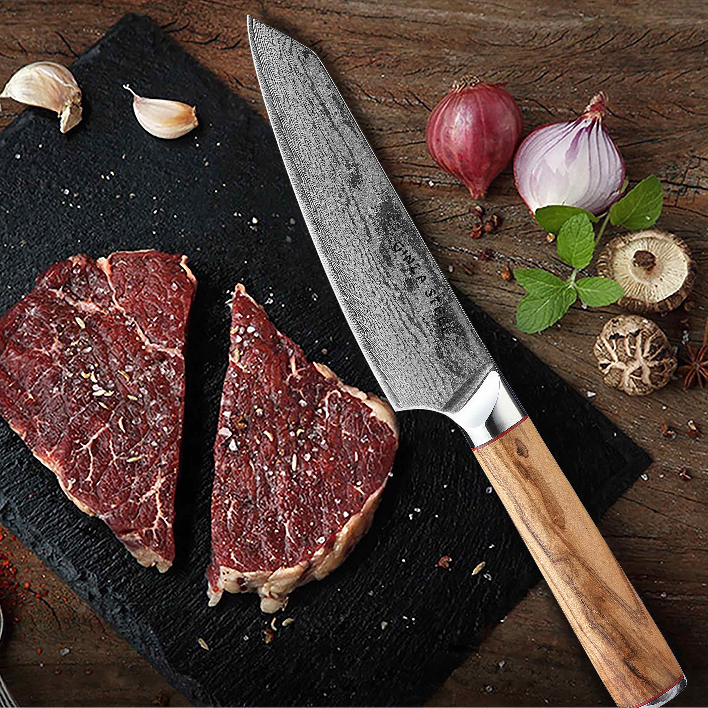 Ginza Steel MIA 17 Chef Knife 6.5” – Damascus AUS10 Steel, 67-Layer, Olive Wood Handle 