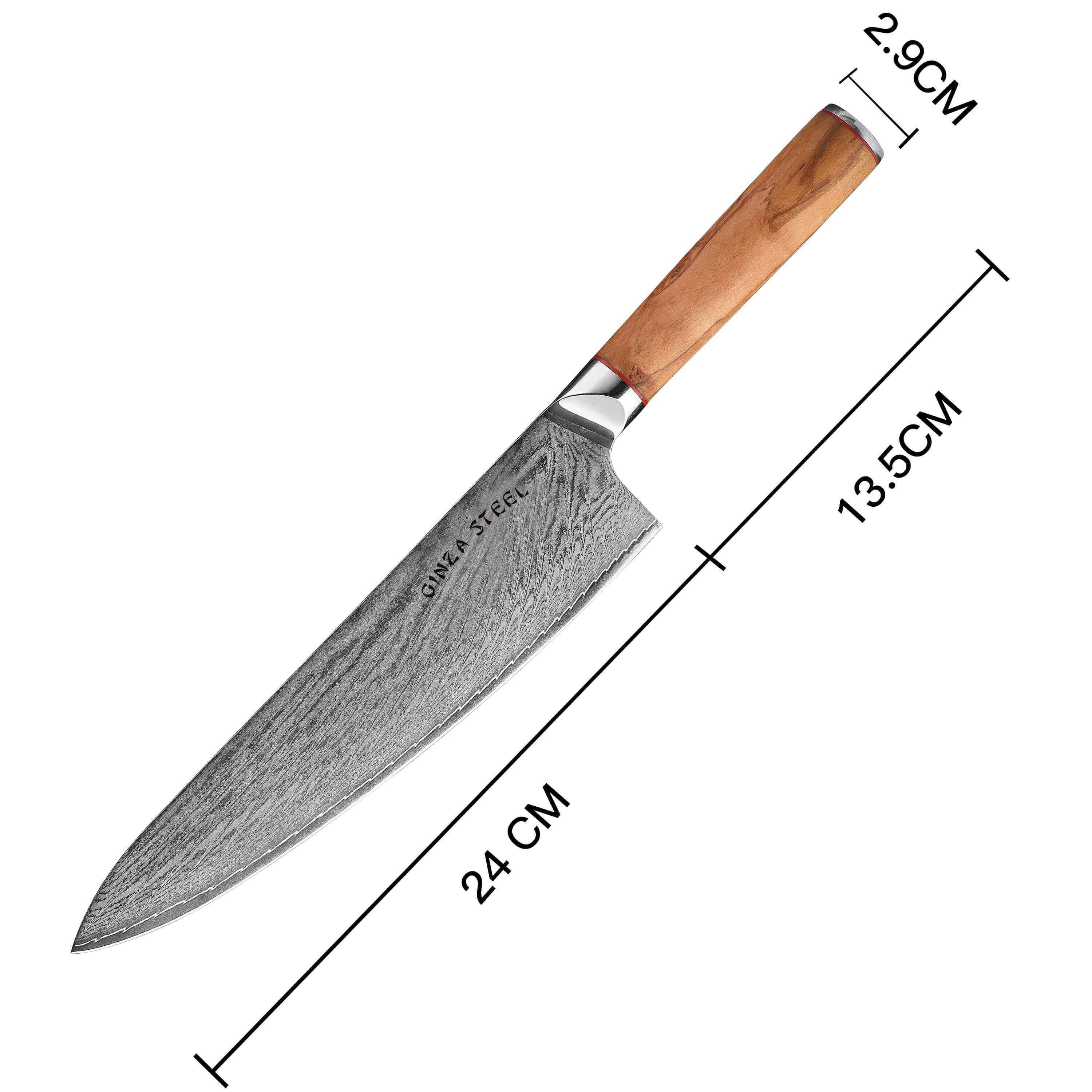 Ginza Steel MIA 24 Chef Knife 9” – Damascus AUS10, 67-Layer, Olive Wood Handle 