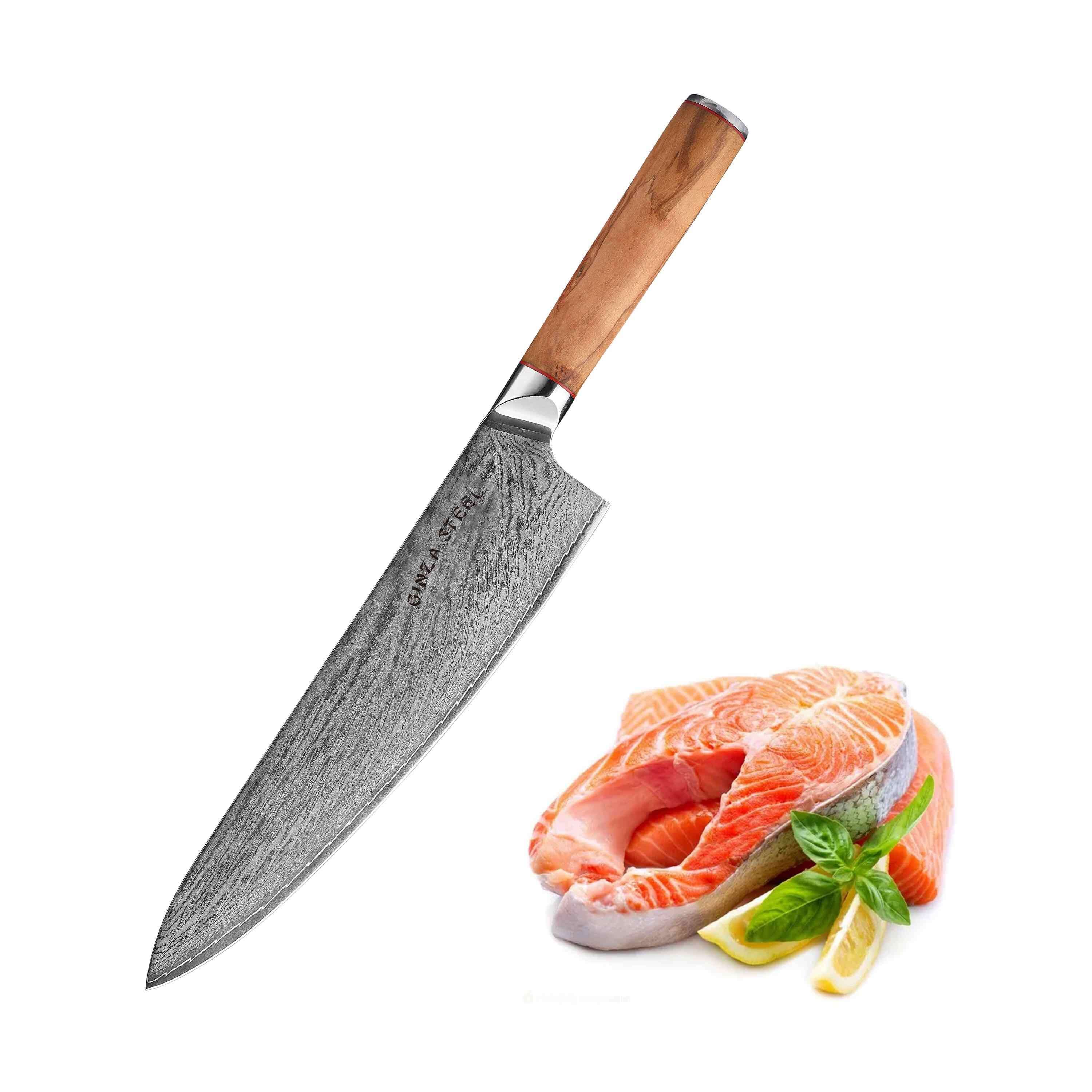 Ginza Steel MIA 24 Chef Knife 9” – Damascus AUS10, 67-Layer, Olive Wood Handle 